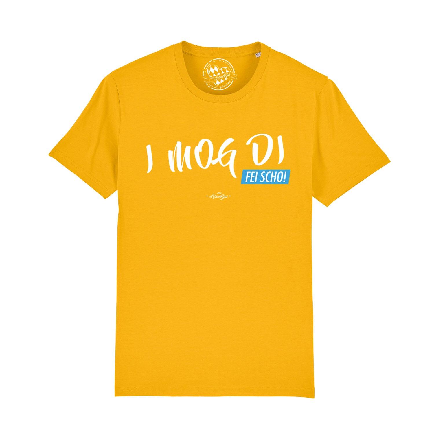 Schwarzes Herren-T-Shirt mit weißem Schriftzug „I MOG DI, fei scho“ in bayerischer Mundart aus Bio-Baumwolle.