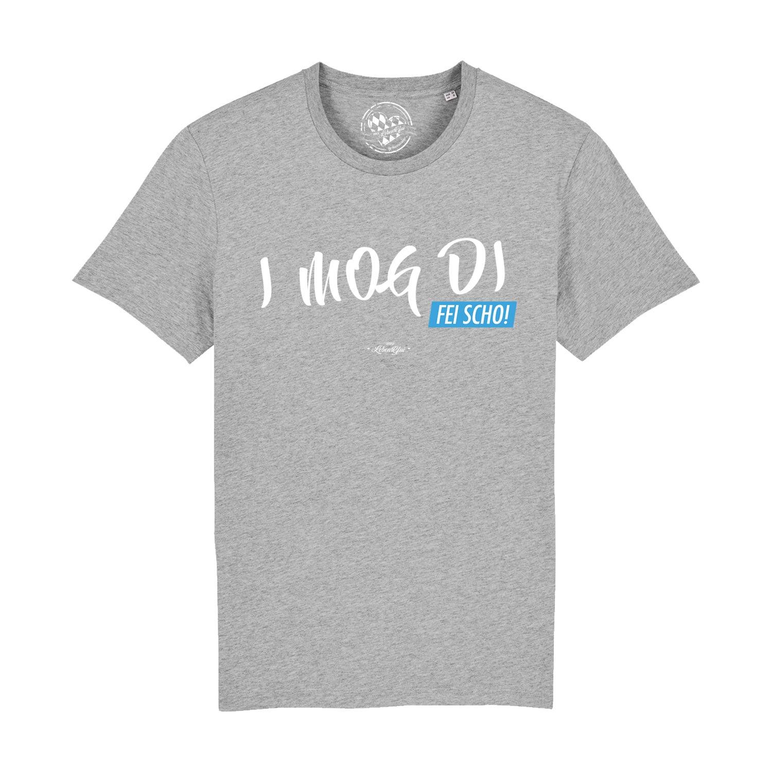 Schwarzes Herren-T-Shirt mit weißem Schriftzug "I MOG DI, fei scho" in klarer Druckschrift, 100 % Bio-Baumwolle.