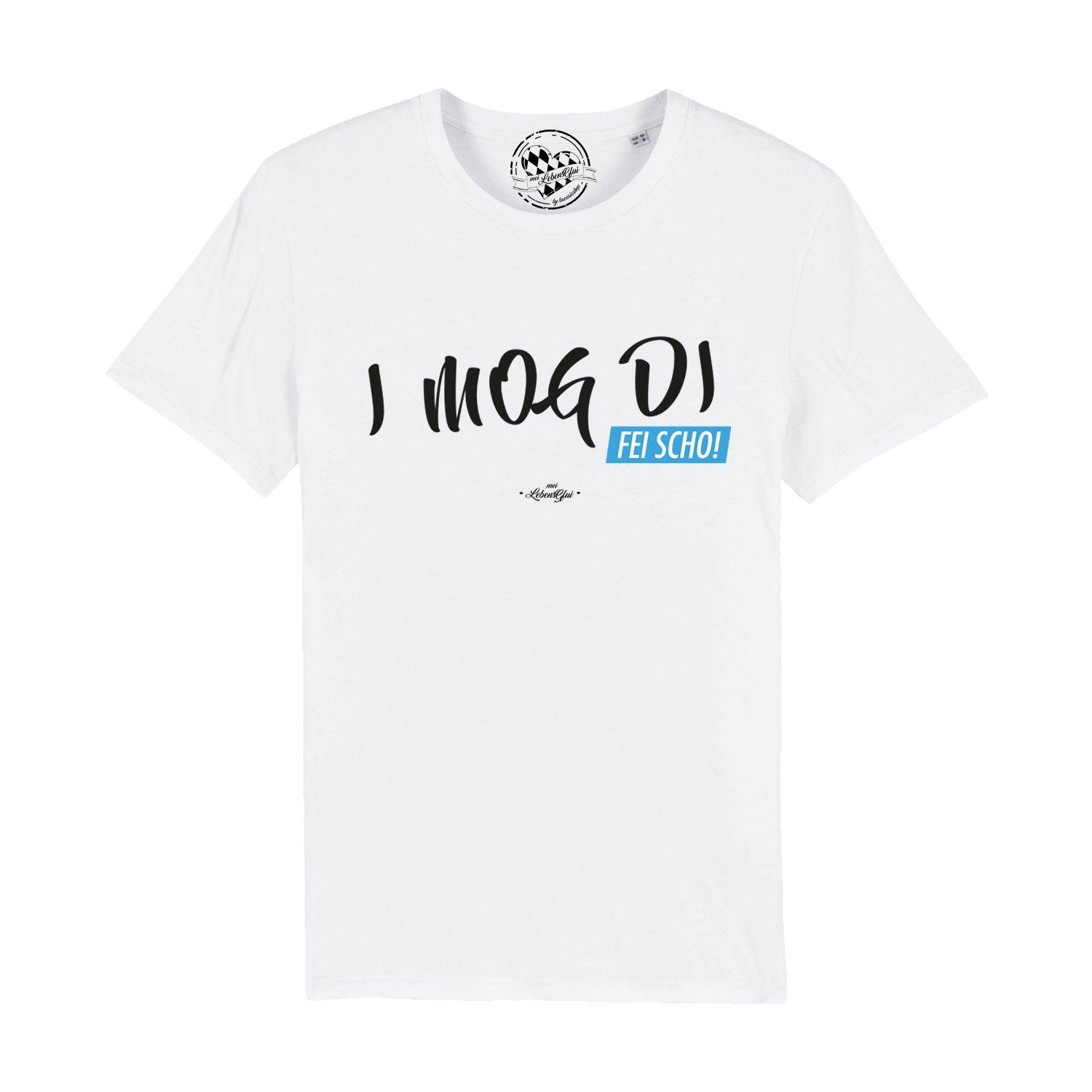 Graues Herren-T-Shirt mit weißem Schriftzug „I MOG DI, fei scho“ in bayerischer Mundart, aus Bio-Baumwolle.