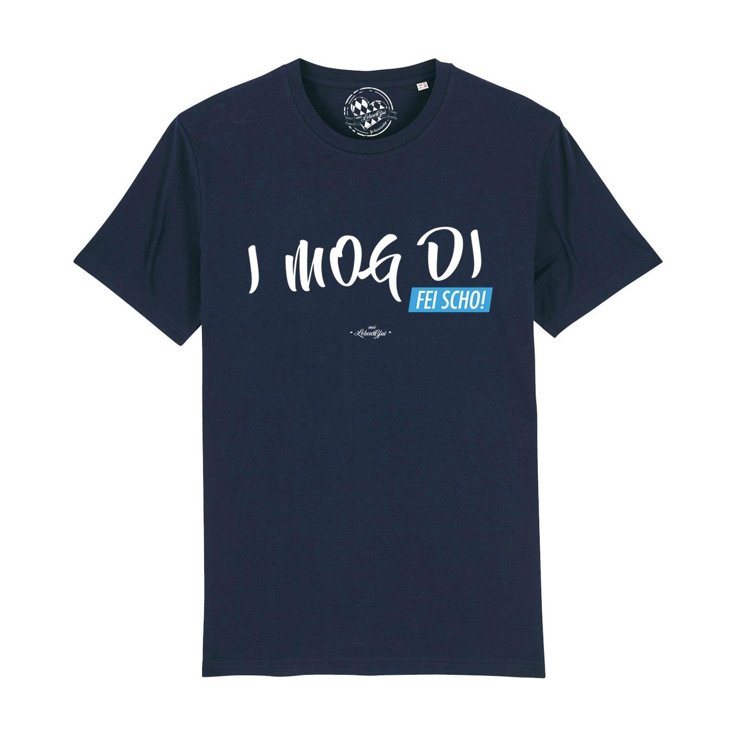 Schwarzes Herren-T-Shirt mit weißem Aufdruck „I MOG DI, fei scho“ in bayerischer Mundart, aus Bio-Baumwolle.