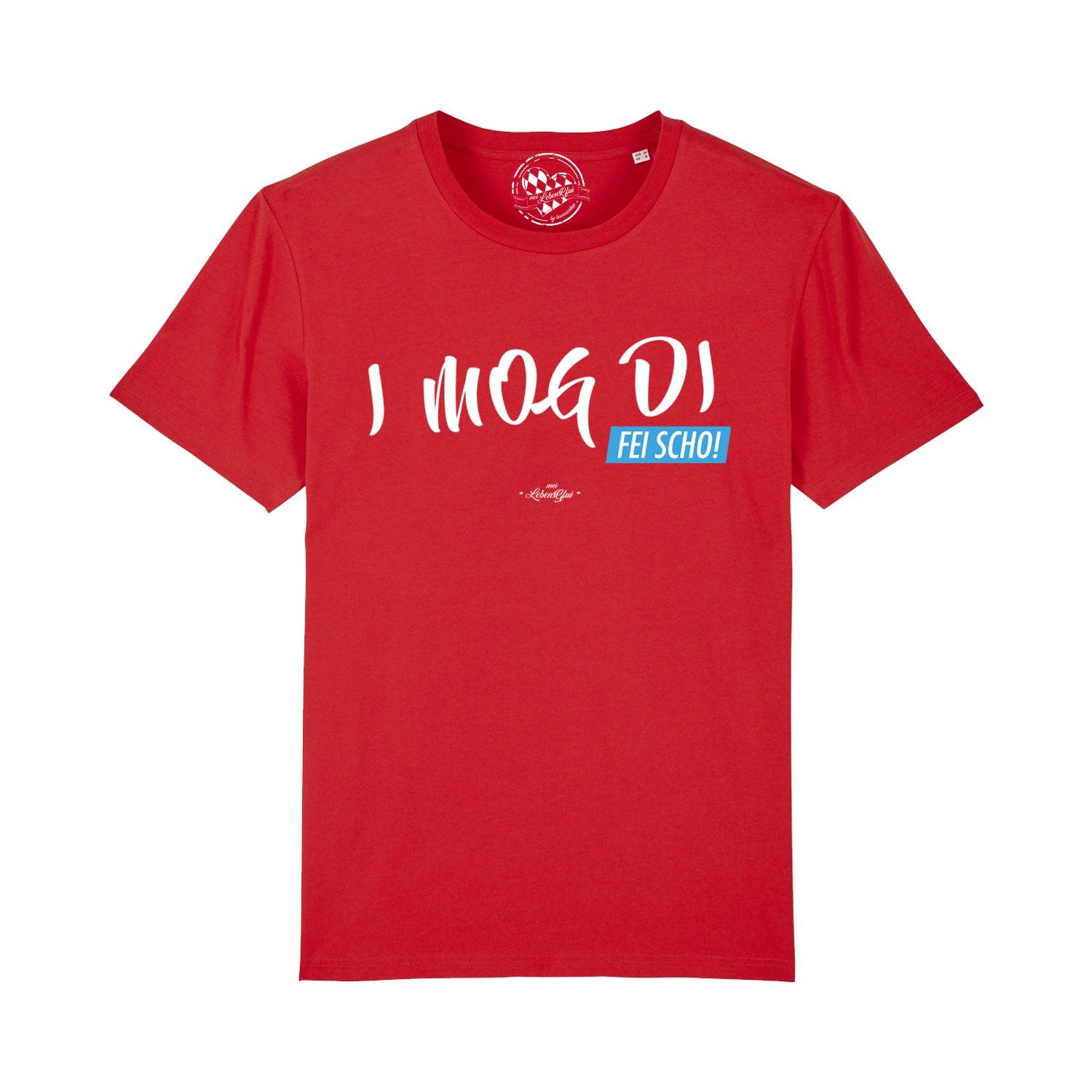 Schwarzes Herren-T-Shirt mit weißem Aufdruck „I MOG DI, fei scho“ aus 100 % Bio-Baumwolle, Rundhalsausschnitt.
