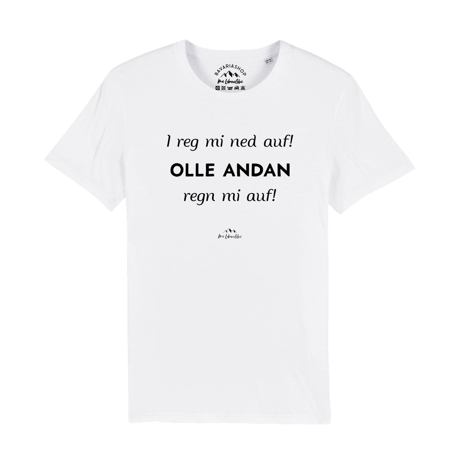 Herren T-Shirt mit bayerischem Schriftzug "I reg mi ned auf...", Rundhalsausschnitt, aus 100 % Bio-Baumwolle.