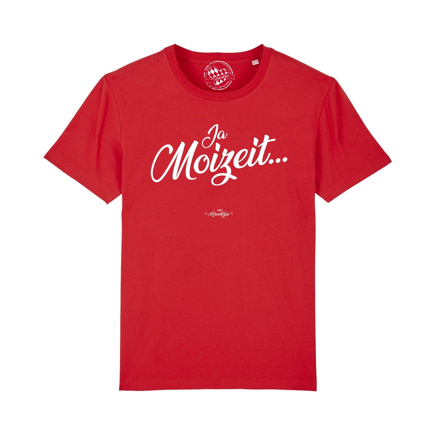 Schwarzes Herren-T-Shirt mit weißem Frontprint „Ja Moizeit“ in bayerischer Mundart aus 100 % Bio-Baumwolle.