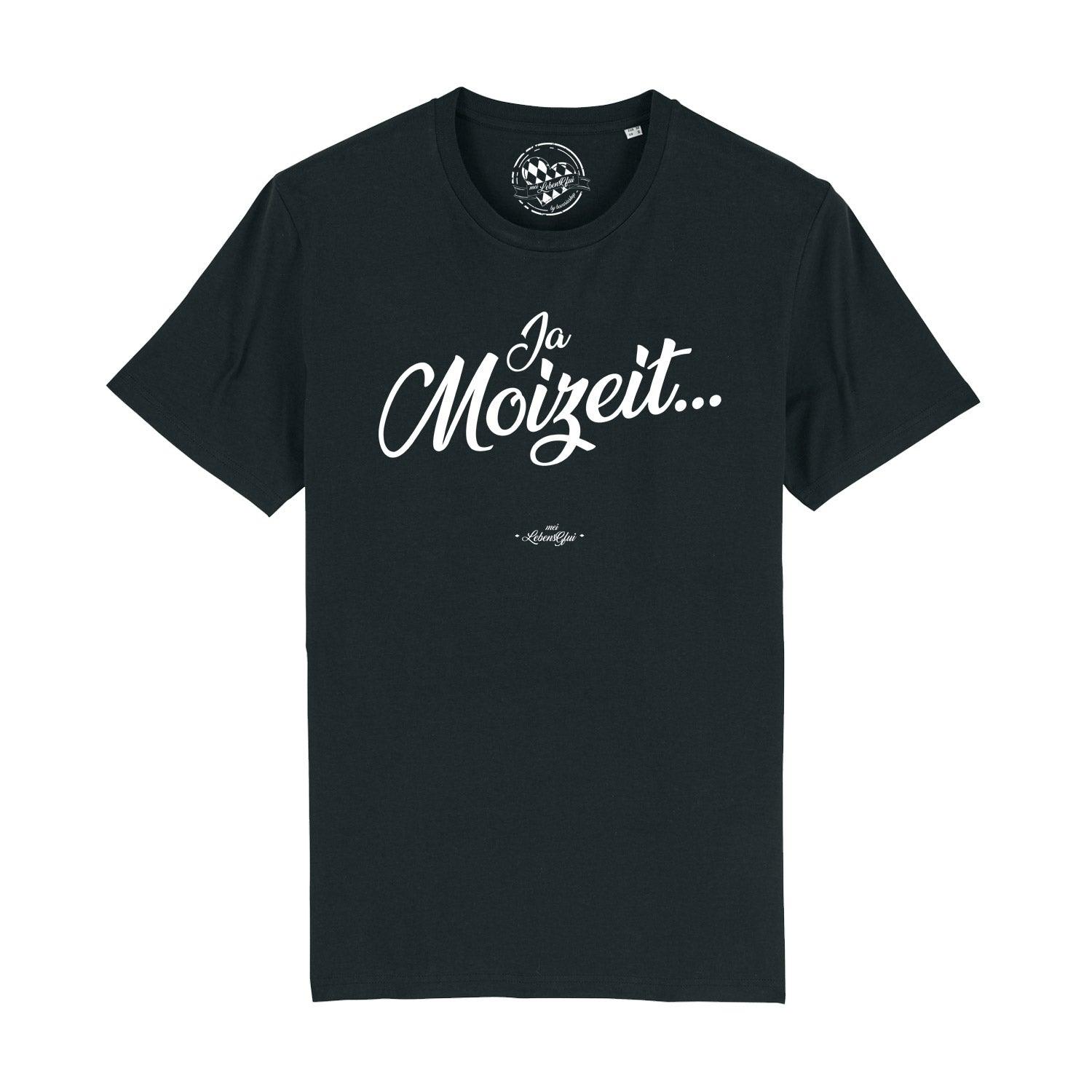 Bordeauxrotes Herren-T-Shirt mit weißem Aufdruck „Ja Moizeit“, Rundhalsausschnitt, aus 100 % Bio-Baumwolle.