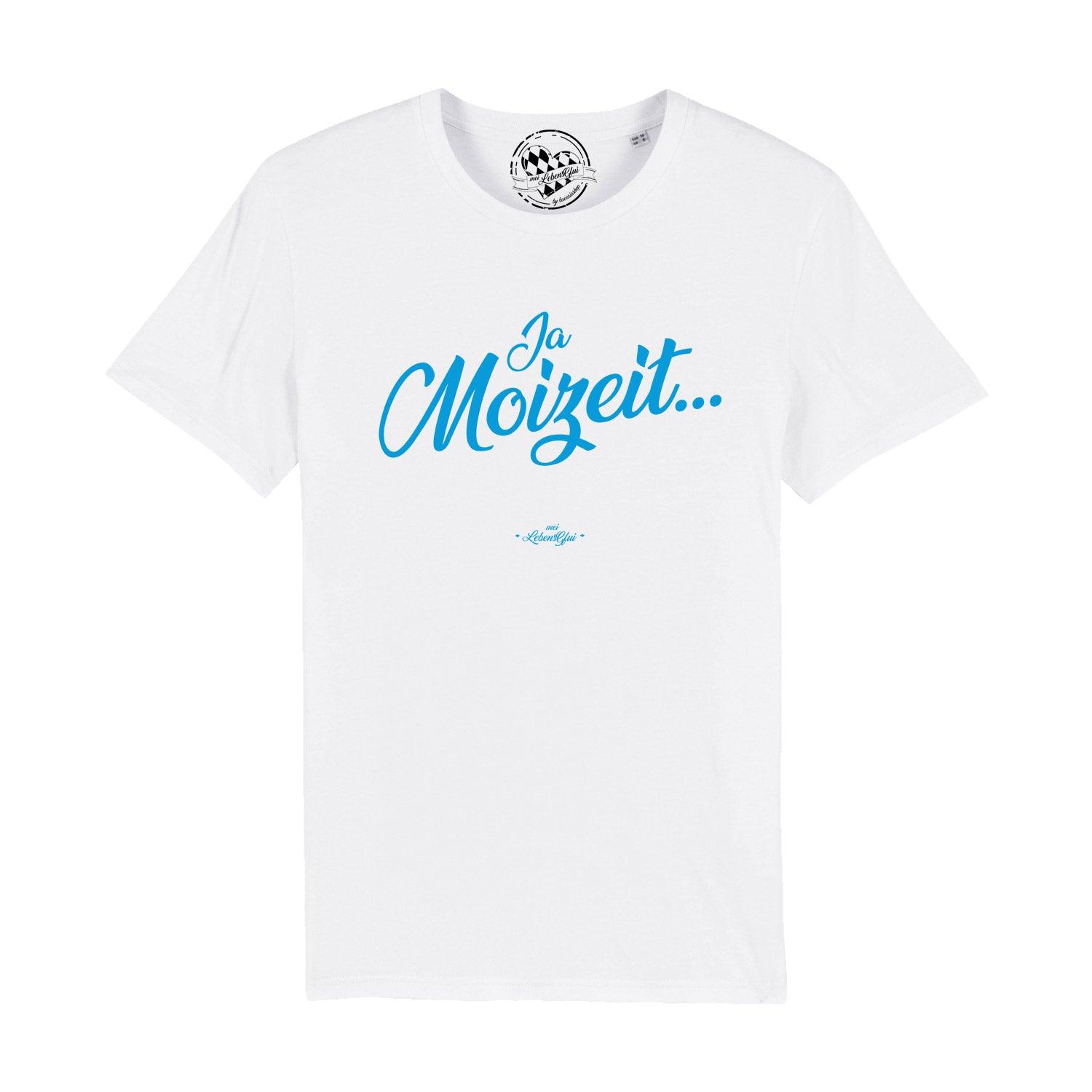 Graues Herren-T-Shirt mit schwarzem Frontprint „Ja Moizeit“ in bayerischer Mundart, aus 100 % Bio-Baumwolle.