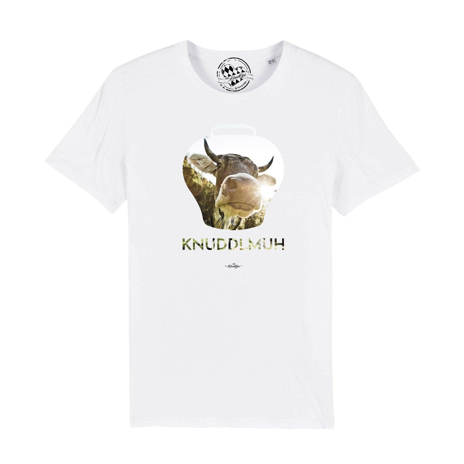 Schwarzes Herren-T-Shirt mit buntem Kuh-Motiv und bayerischem Schriftzug "Knuddlmuh", aus 100 % Bio-Baumwolle.