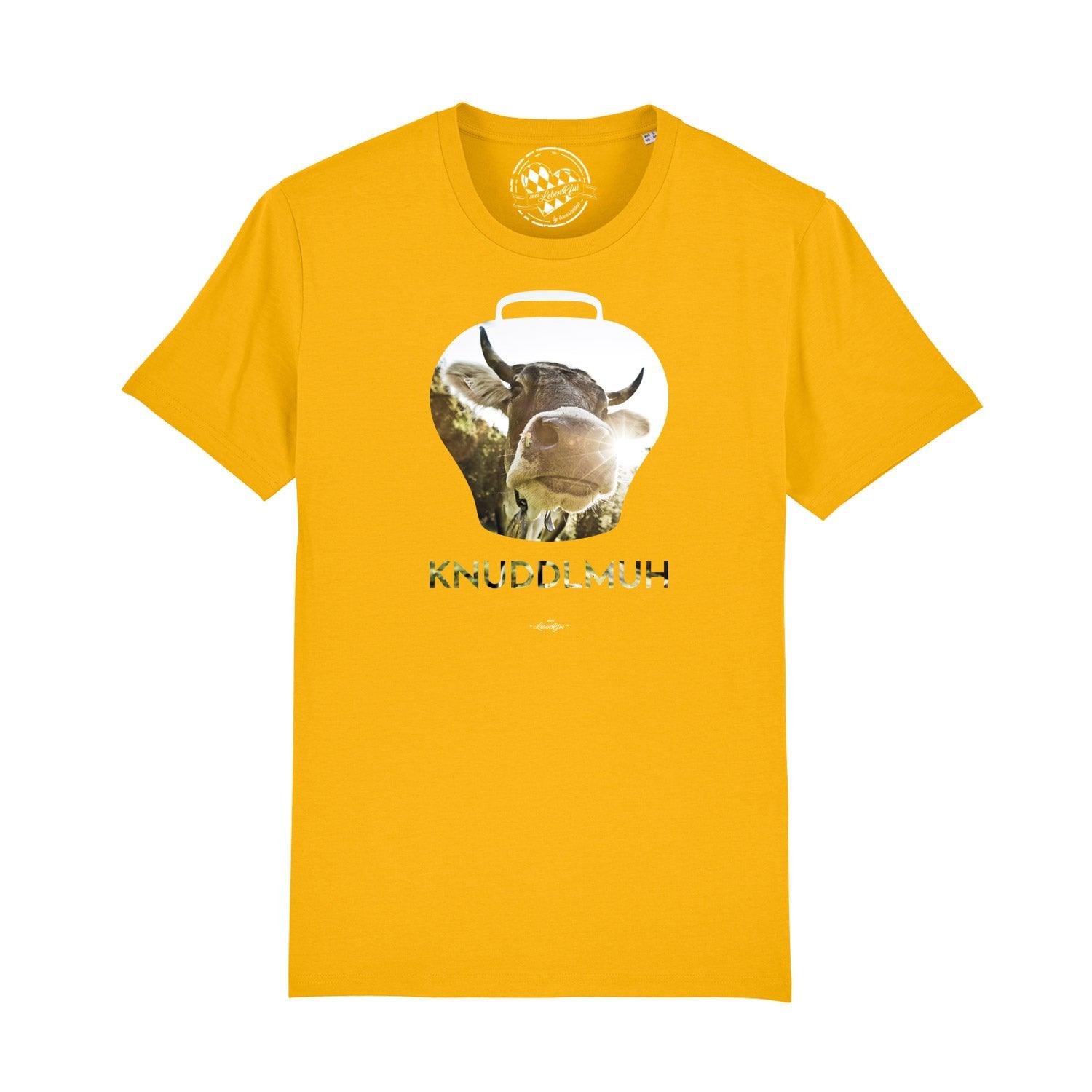 Schwarzes Herren-T-Shirt mit weißem "Knuddlmuh"-Schriftzug, Bio-Baumwolle, Kurzarm, legerer Schnitt.