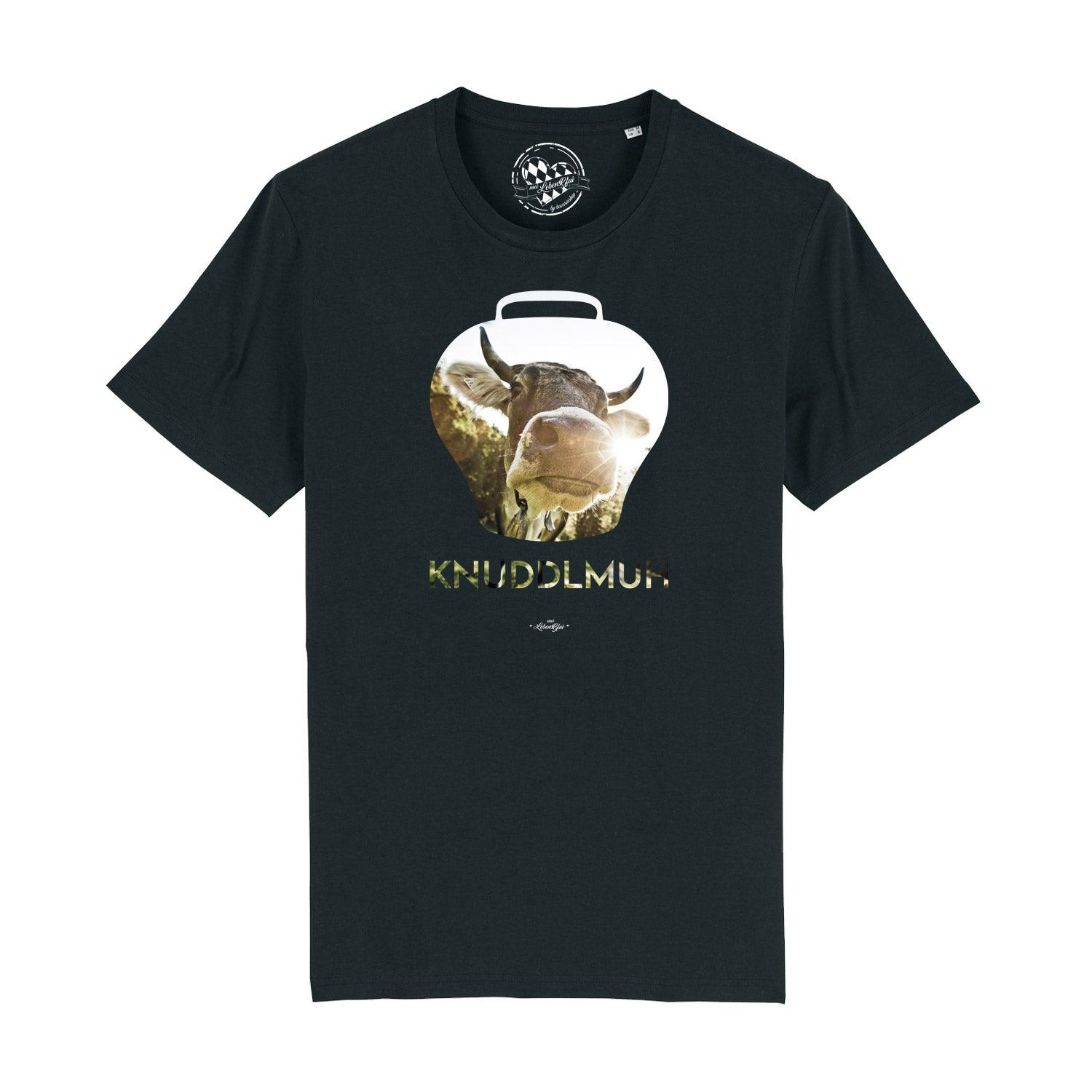 Schwarzes Herren-T-Shirt mit weißem Schriftzug „Knuddlmuh“, kurzer Ärmel, Rundhals, 100 % Bio-Baumwolle.