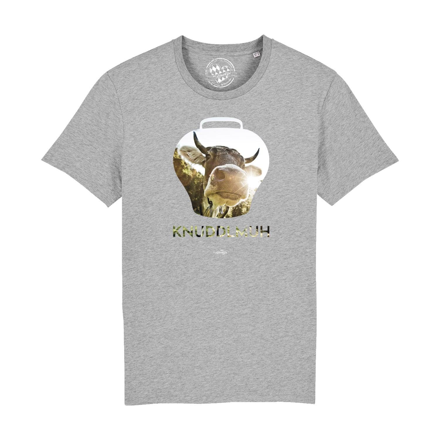 Graues Herren-T-Shirt mit Kuh-Motiv und „Knuddlmuh“-Schriftzug, aus Bio-Baumwolle mit hochwertigem Digitaldruck.
