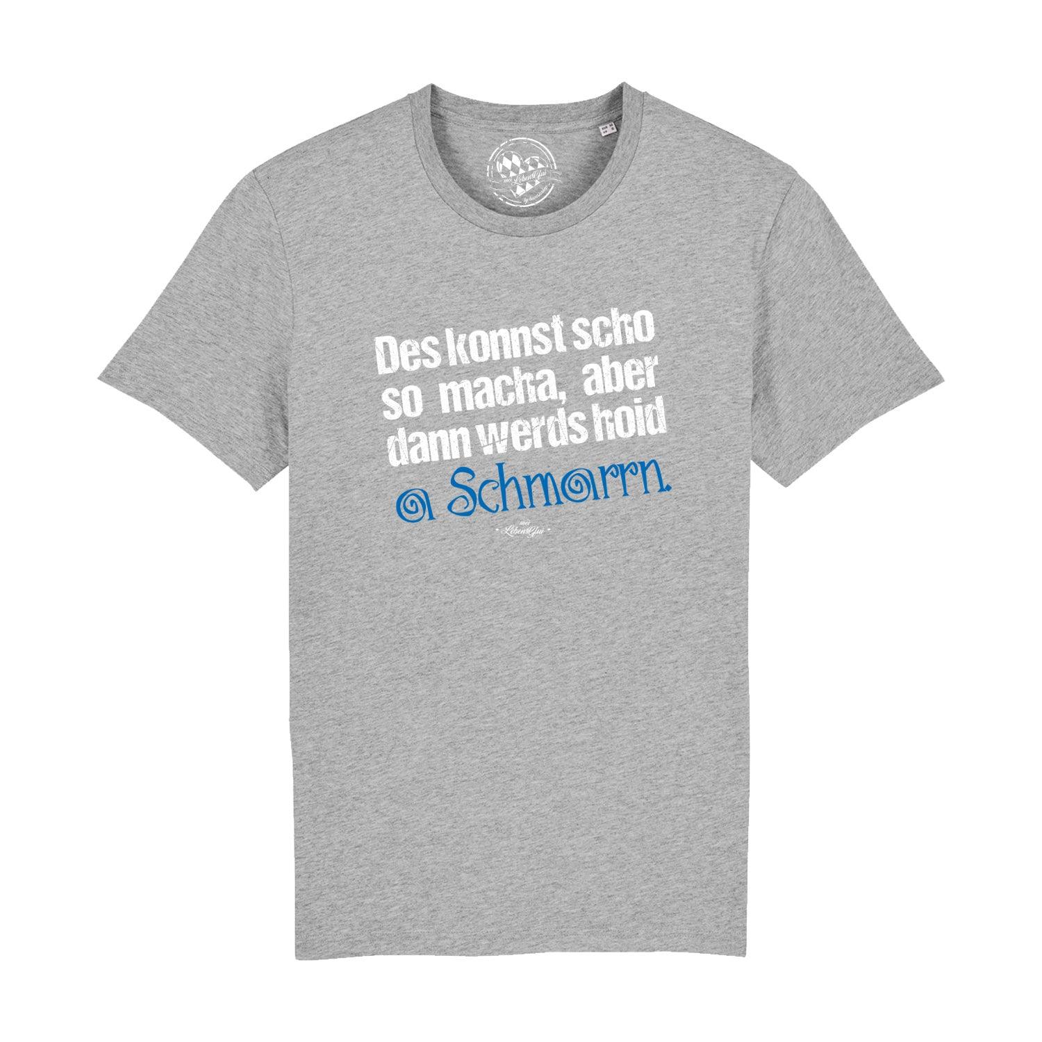 Hellgraues Herren-T-Shirt mit schwarzem Schriftzug „Konnst scho so macha“, Rundhals, aus 100 % Bio-Baumwolle.