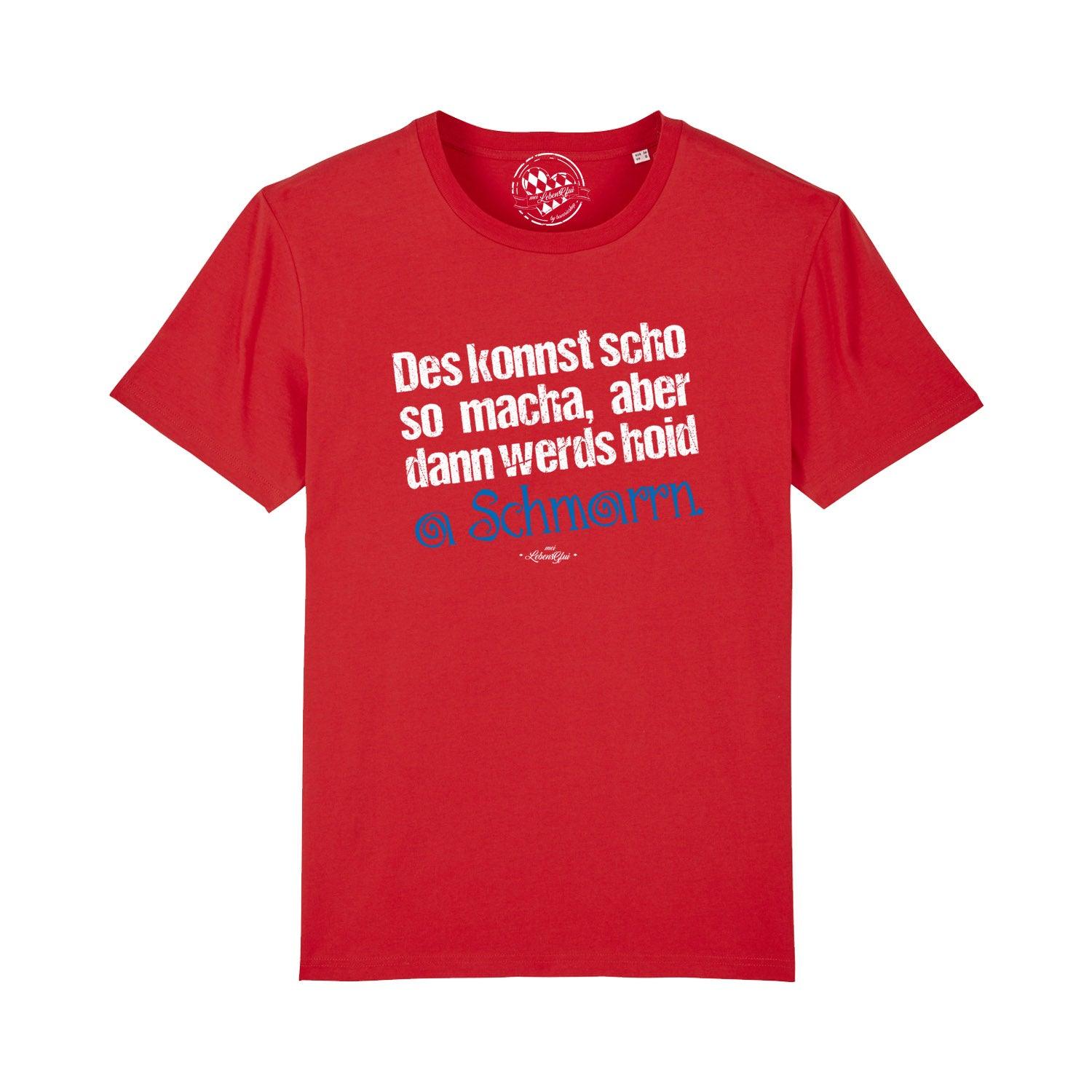Schwarzes Herren-T-Shirt mit weißem Frontdruck „Konnst scho so macha“, aus 100 % Bio-Baumwolle, glatt gewebt.