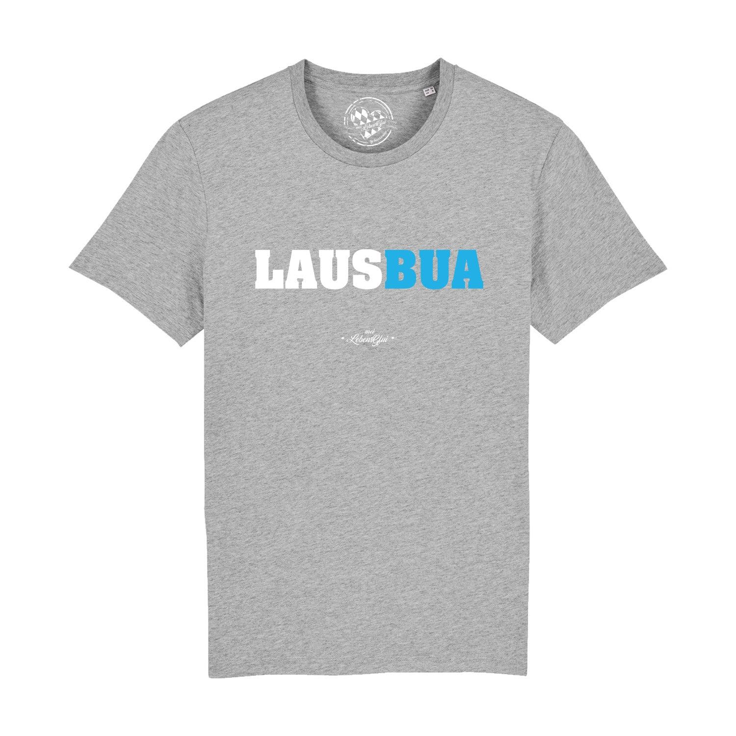 Schwarzes Herren-T-Shirt mit weißem „Lausbua“-Schriftzug, Rundhalsausschnitt, aus 100 % Bio-Baumwolle.