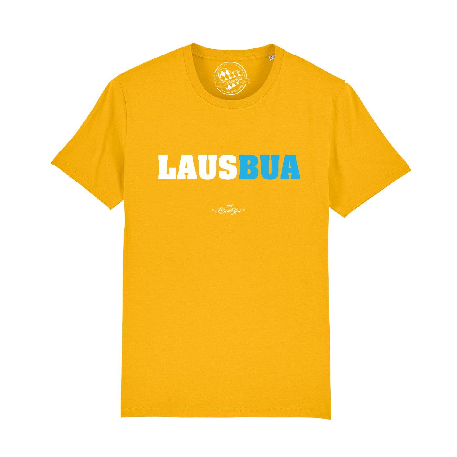 Dunkelblaues Herren-T-Shirt mit weißem „Lausbua“-Schriftzug, Rundhalsausschnitt, aus 100 % Bio-Baumwolle.