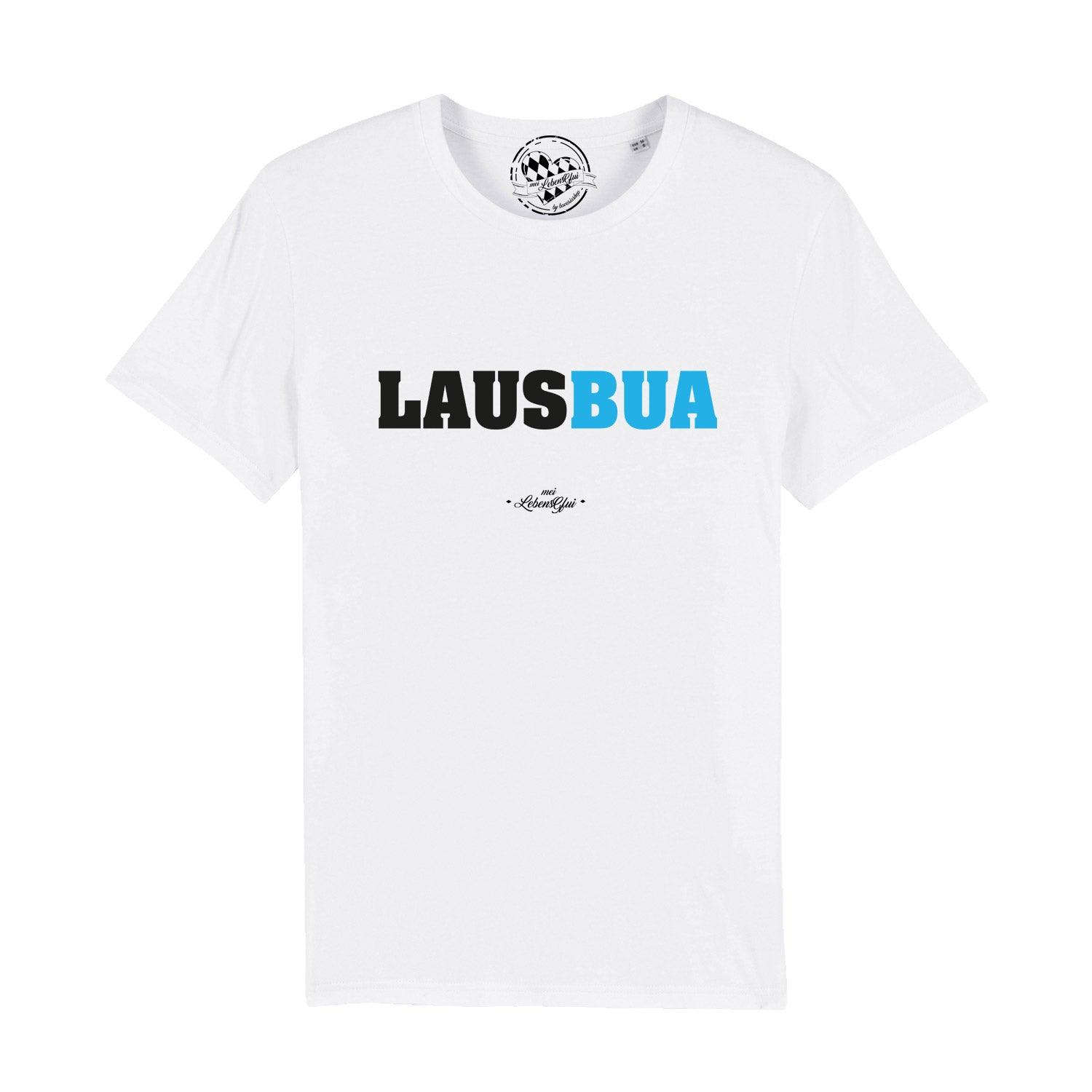 Herren T-Shirt in Dunkelgrau mit weißem „Lausbua“-Schriftzug, Rundhalsausschnitt, 100 % Bio-Baumwolle, glatt gewebt.
