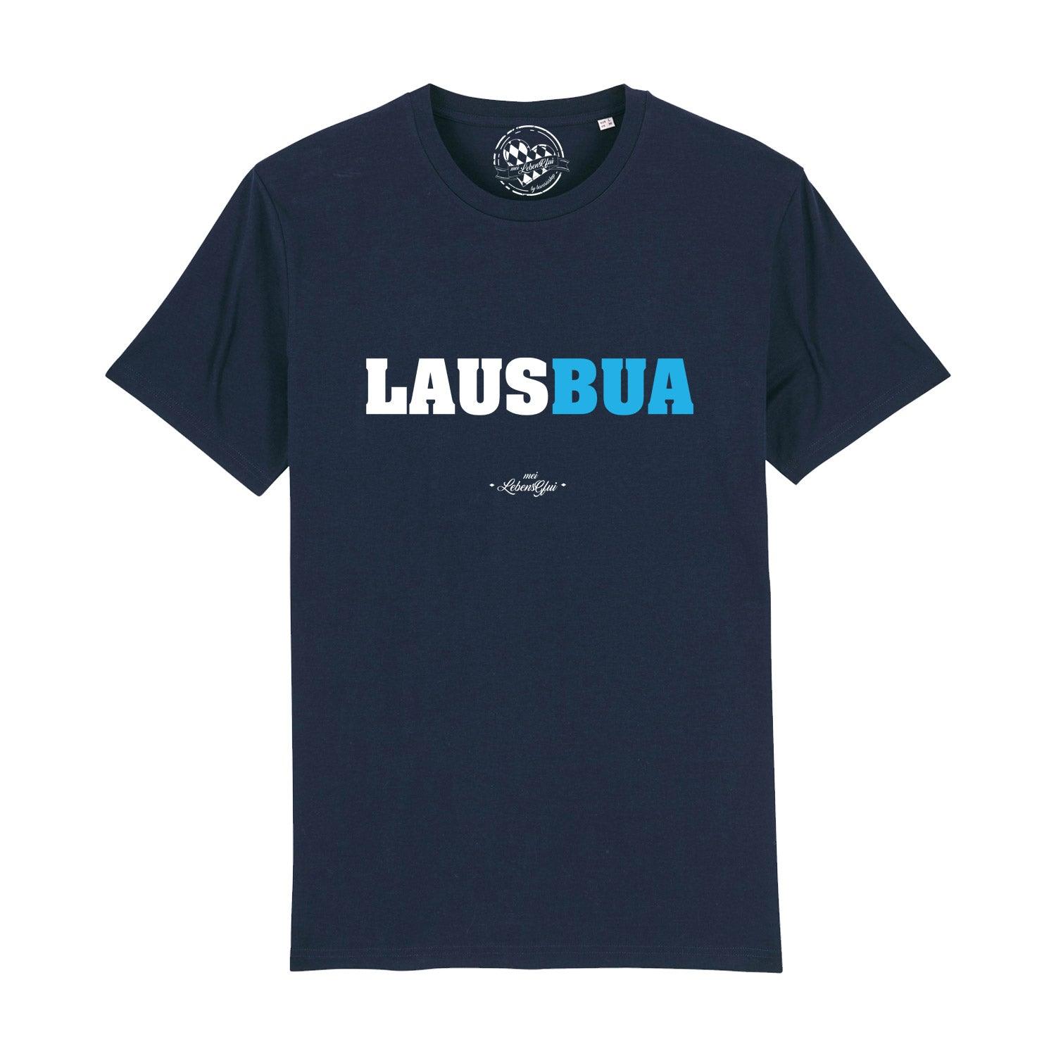 Schwarzes Herren-T-Shirt mit weißem "Lausbua"-Schriftzug in Schreibschrift; aus 100 % Bio-Baumwolle, kurzärmelig.
