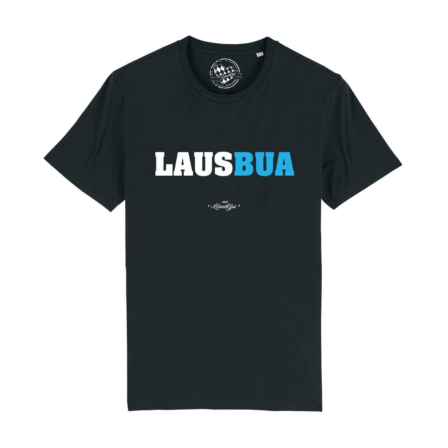 Graues Herren-T-Shirt mit weißem Lausbua-Schriftzug, Rundhalsausschnitt, aus 100 % Bio-Baumwolle.