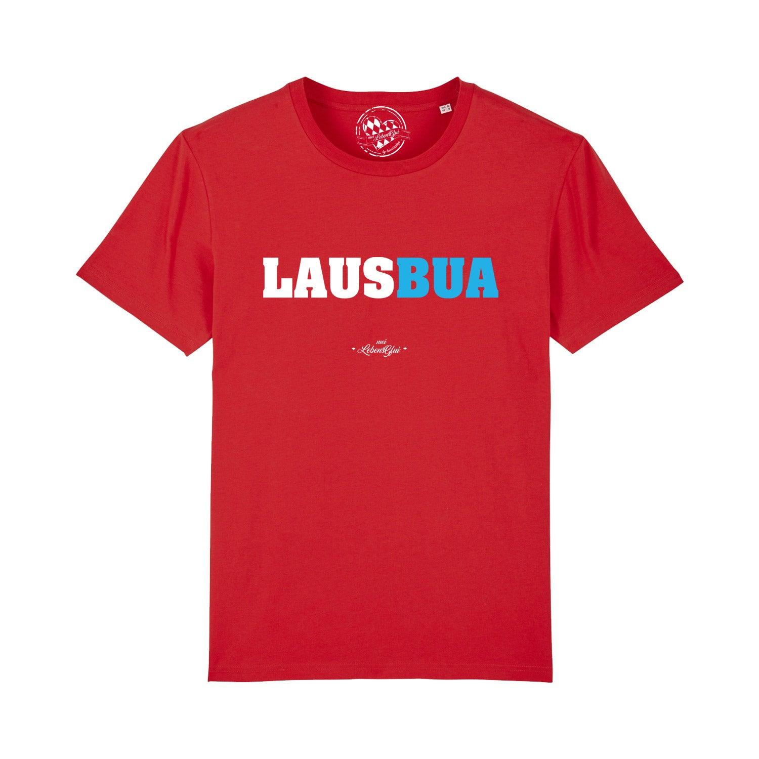 Schwarzes Herren-T-Shirt mit weißem "Lausbua"-Schriftzug, Rundhalsausschnitt, aus 100 % Bio-Baumwolle.
