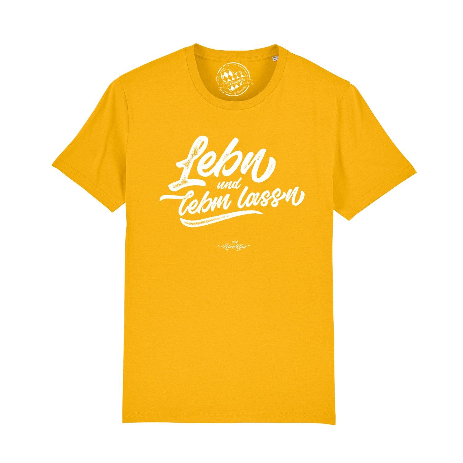 Schwarzes Herren-T-Shirt mit weißem Frontprint „Lebn und lebm lassn“ aus 100 % Bio-Baumwolle, glatt gewebt.