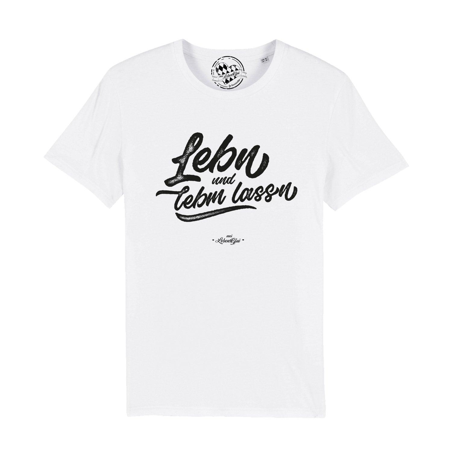 Schwarzes Herren T-Shirt mit weißem Frontprint „Lebn und lebm lassn“ aus 100 % Bio-Baumwolle, Rundhalsausschnitt.
