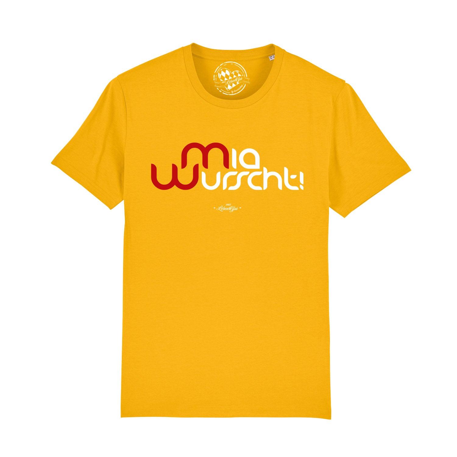 Graues Herren-T-Shirt mit weißem Aufdruck "Mia Wurscht!", runder Halsausschnitt, 100 % Bio-Baumwolle.