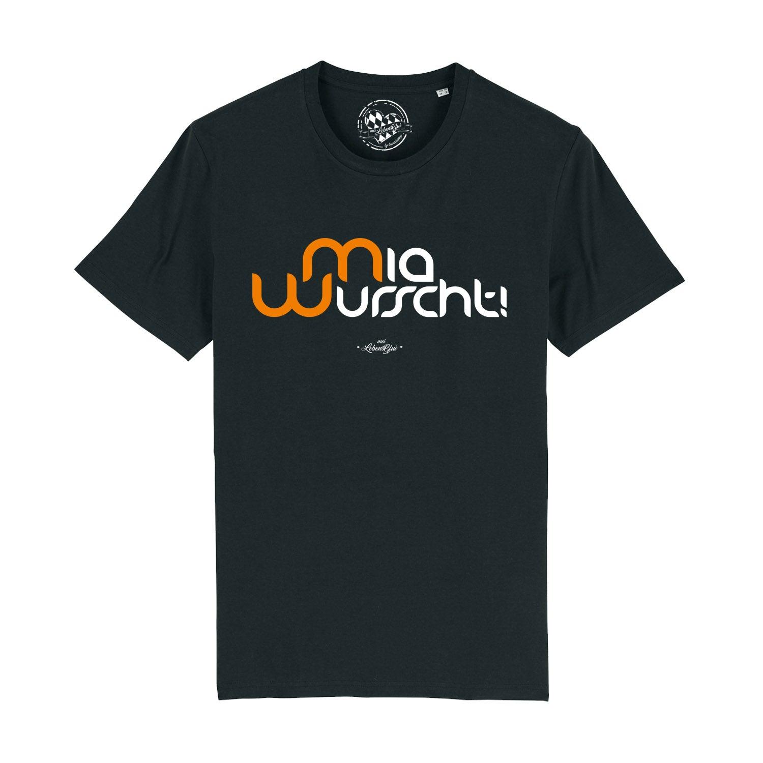 Graues Herren-T-Shirt mit weißem Frontprint „Mia Wurscht!” in bayerischer Mundart aus 100 % Bio-Baumwolle.