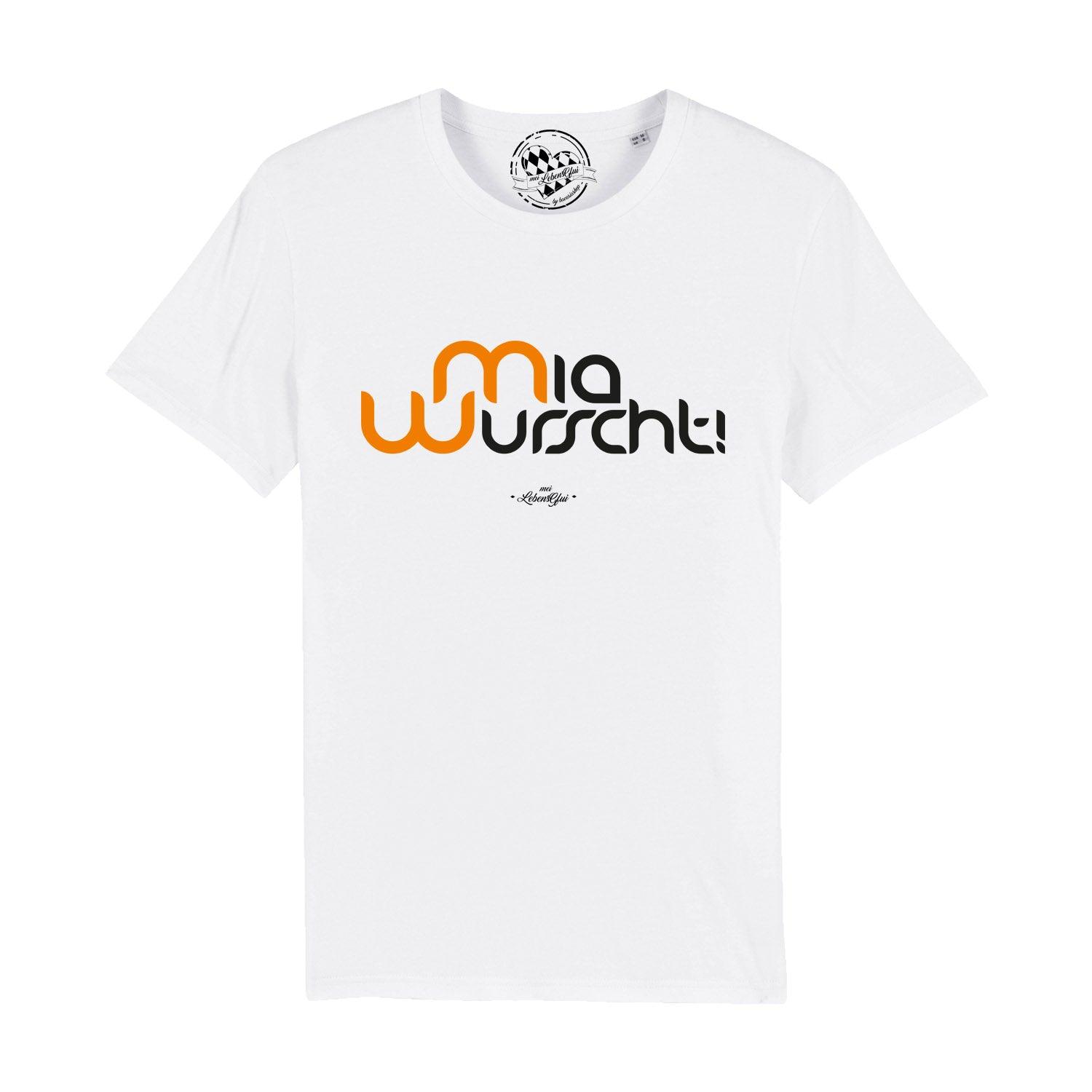 Schwarzes Herren-T-Shirt mit weißem Frontprint „Mia Wurscht!“, Rundhals, aus 100 % Bio-Baumwolle.