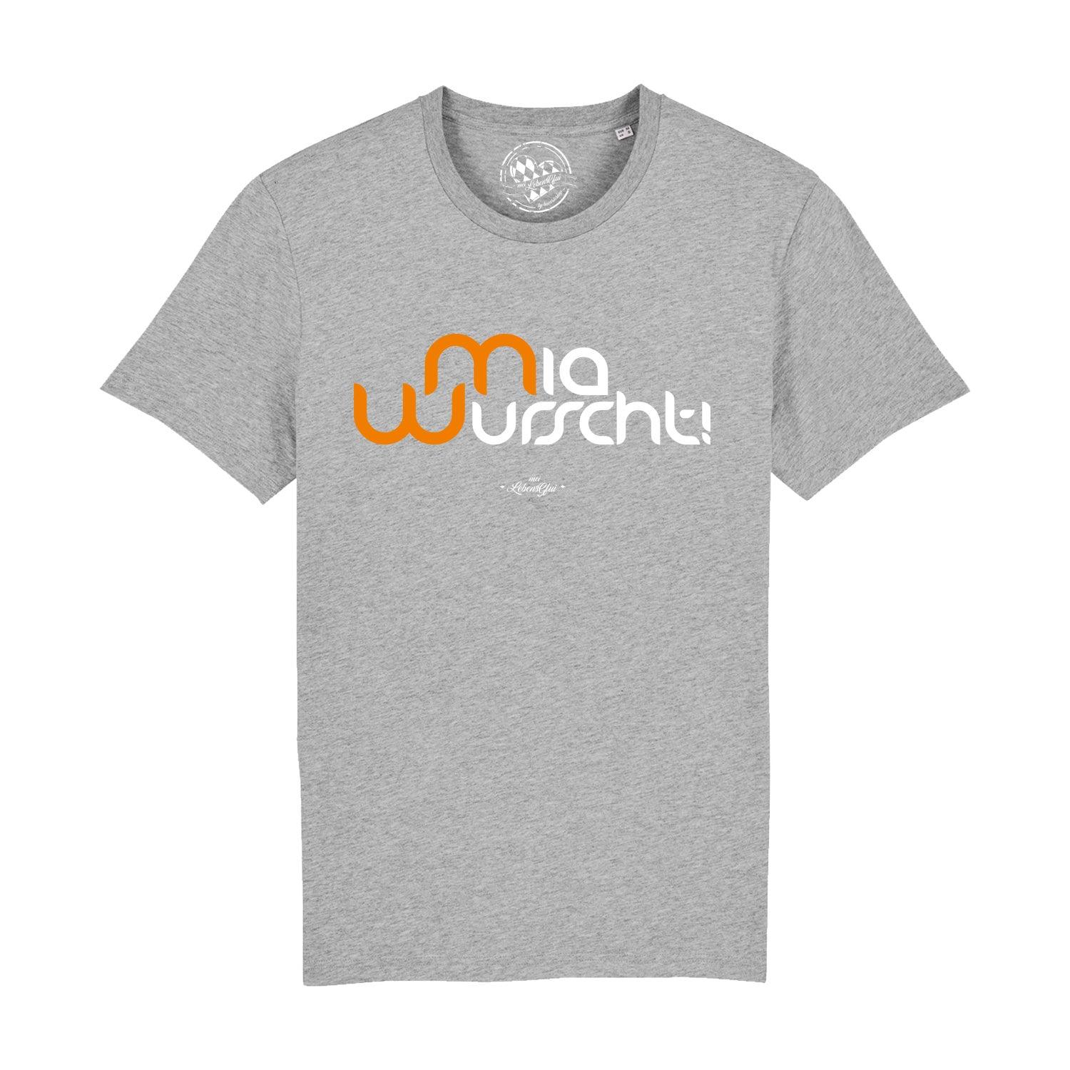 Schwarzes Herren T-Shirt mit weißem Schriftzug „Mia Wurscht!“ auf der Brust aus 100 % Bio-Baumwolle.