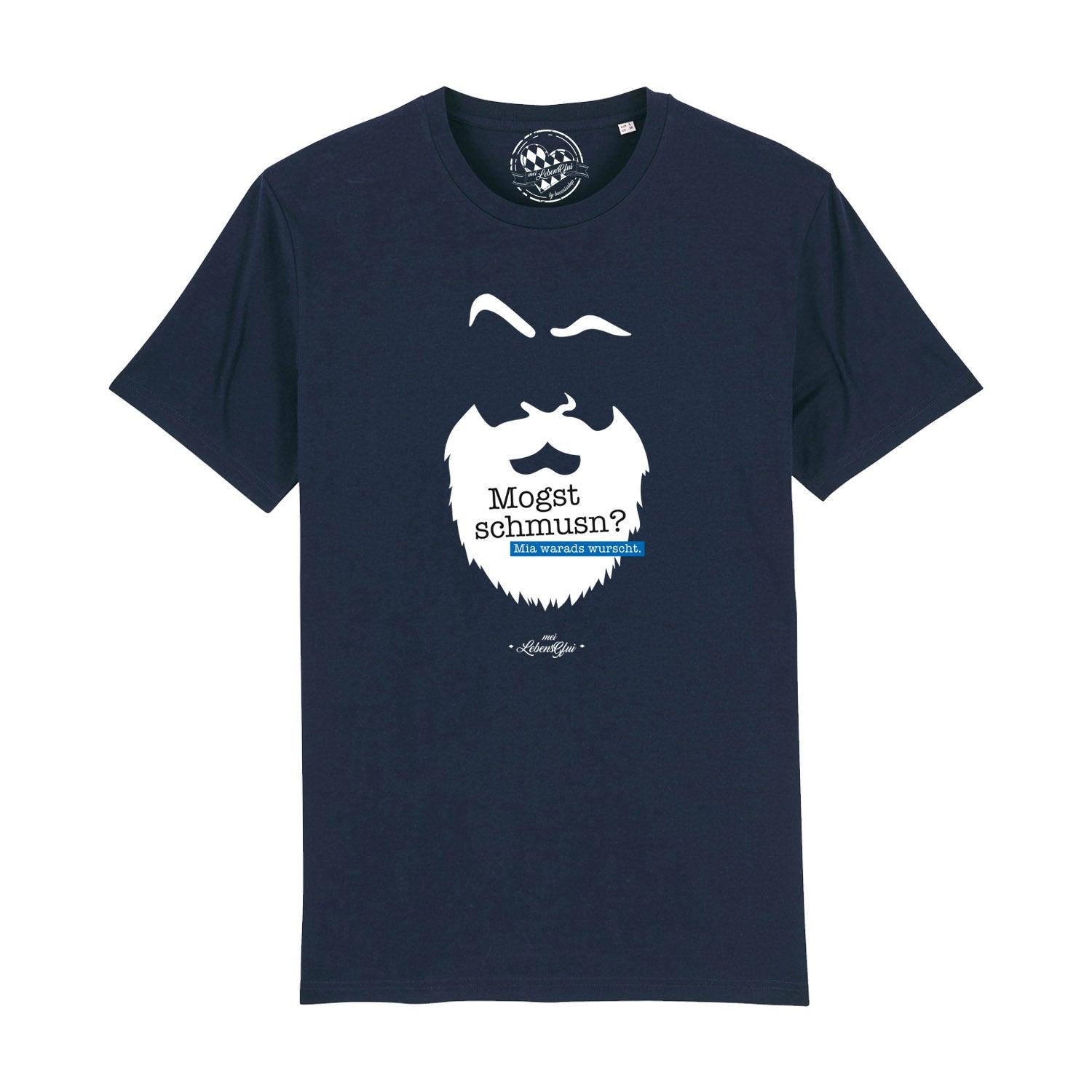 Schwarzes Herren-T-Shirt mit weißem Schriftzug „Mogst schmusn?“ in bayerischer Mundart, 100 % Bio-Baumwolle.