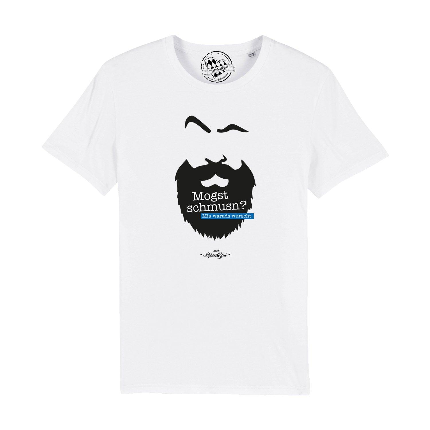 Schwarzes Herren-T-Shirt mit weißem Schriftzug „Mogst schmusn?“ in bayerischer Mundart, aus Bio-Baumwolle.