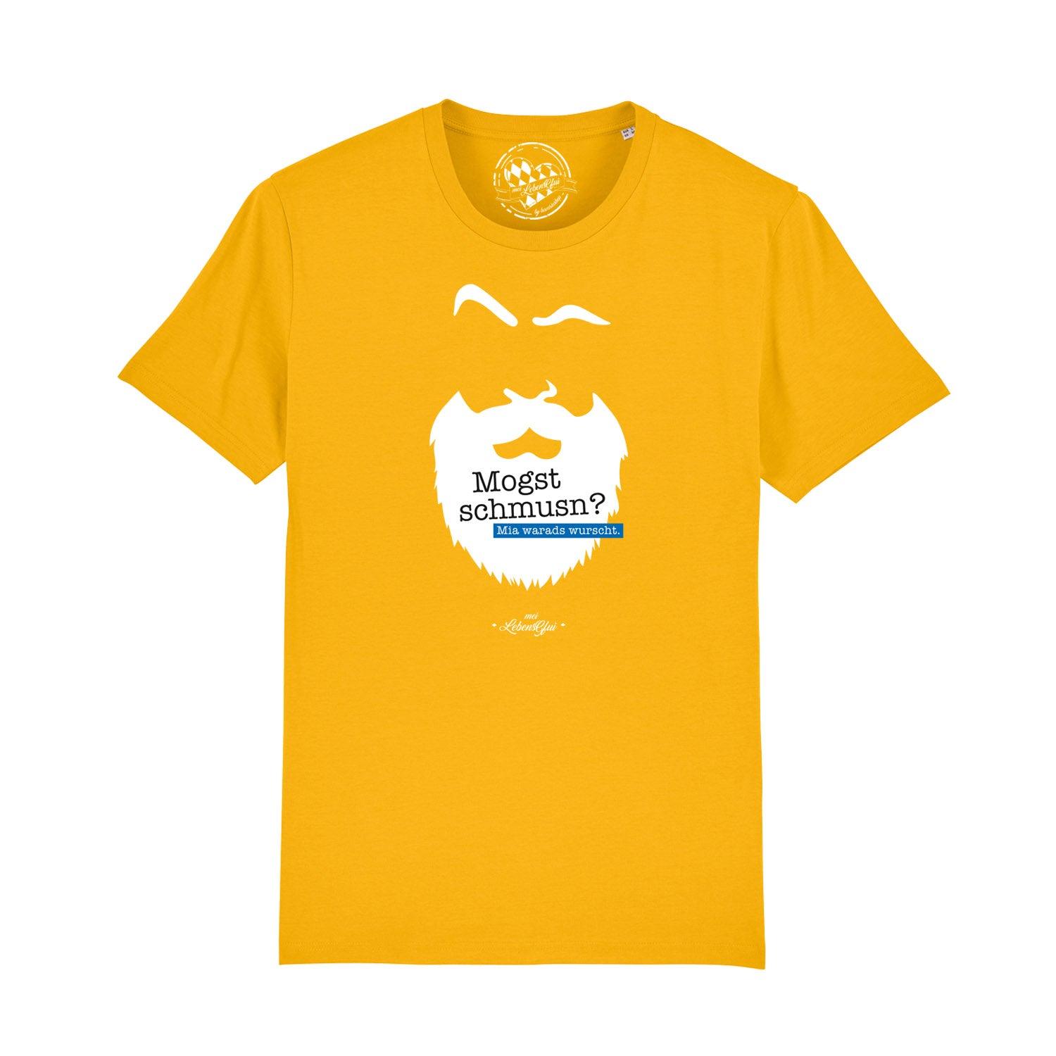 Schwarzes Herren-T-Shirt mit weißem Frontprint „Mogst schmusn?“ aus 100 % Bio-Baumwolle, Rundhalsausschnitt.