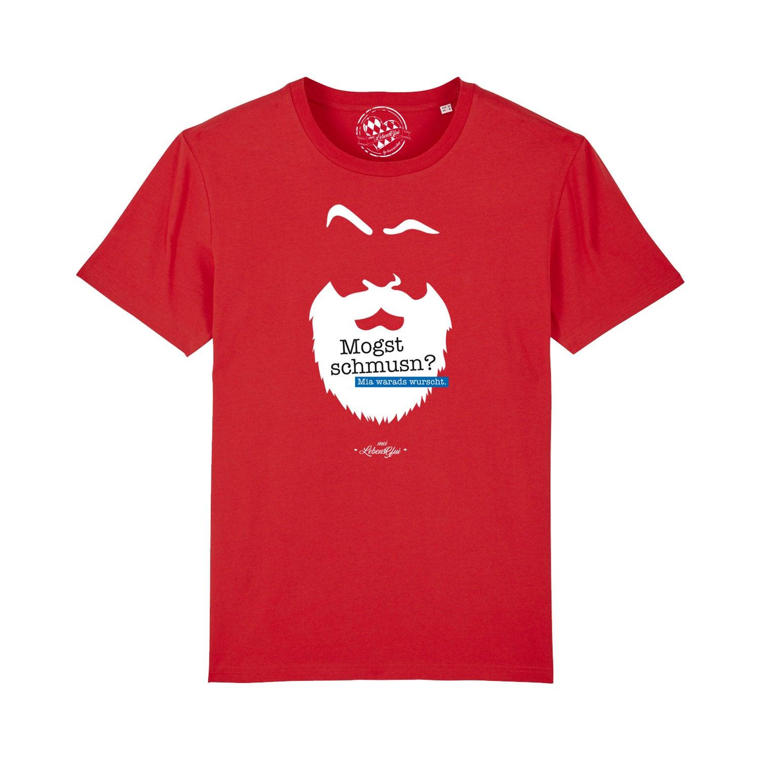 Schwarzes Herren-T-Shirt mit weißem Aufdruck „Mogst schmusn?“, Rundhalsausschnitt, aus 100 % Bio-Baumwolle.