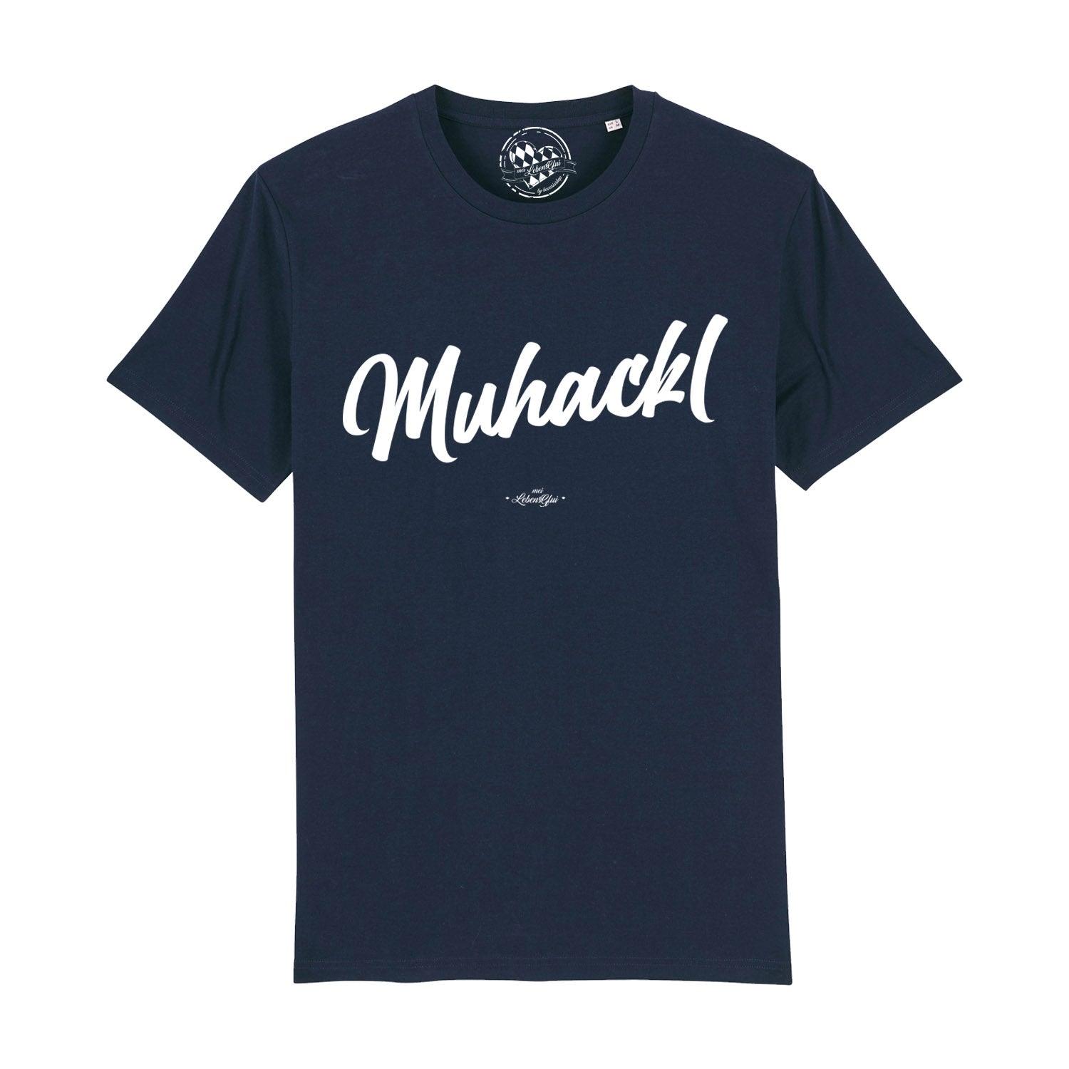 Graues Herren-T-Shirt mit schwarzem „Muhackl“-Schriftzug in Frakturschrift, Rundhalsausschnitt, Bio-Baumwolle.