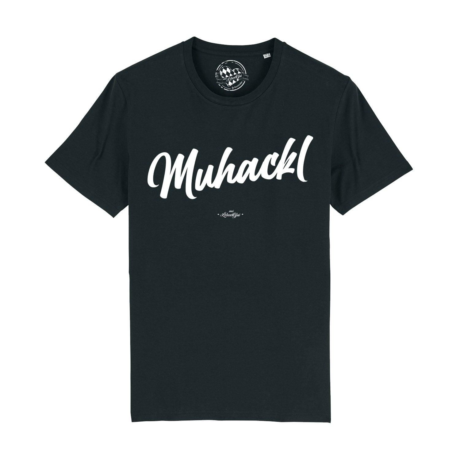 Schwarzes Herren-T-Shirt mit weißem „Muhackl“-Schriftzug in bayerischer Mundart, aus 100 % Bio-Baumwolle.
