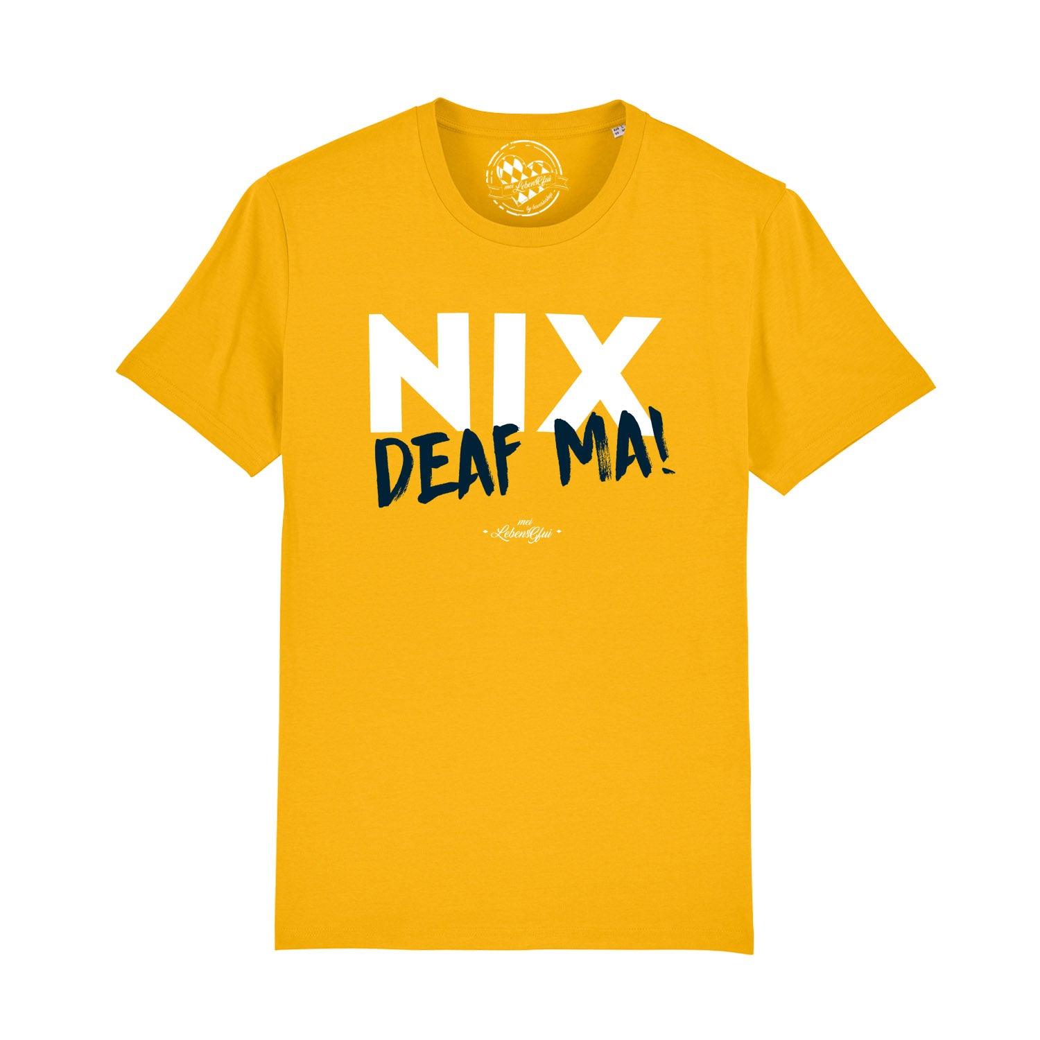 Graues Herren-T-Shirt mit weißem Schriftzug „Nix deaf ma“, Rundhalsausschnitt, aus 100 % Bio-Baumwolle.