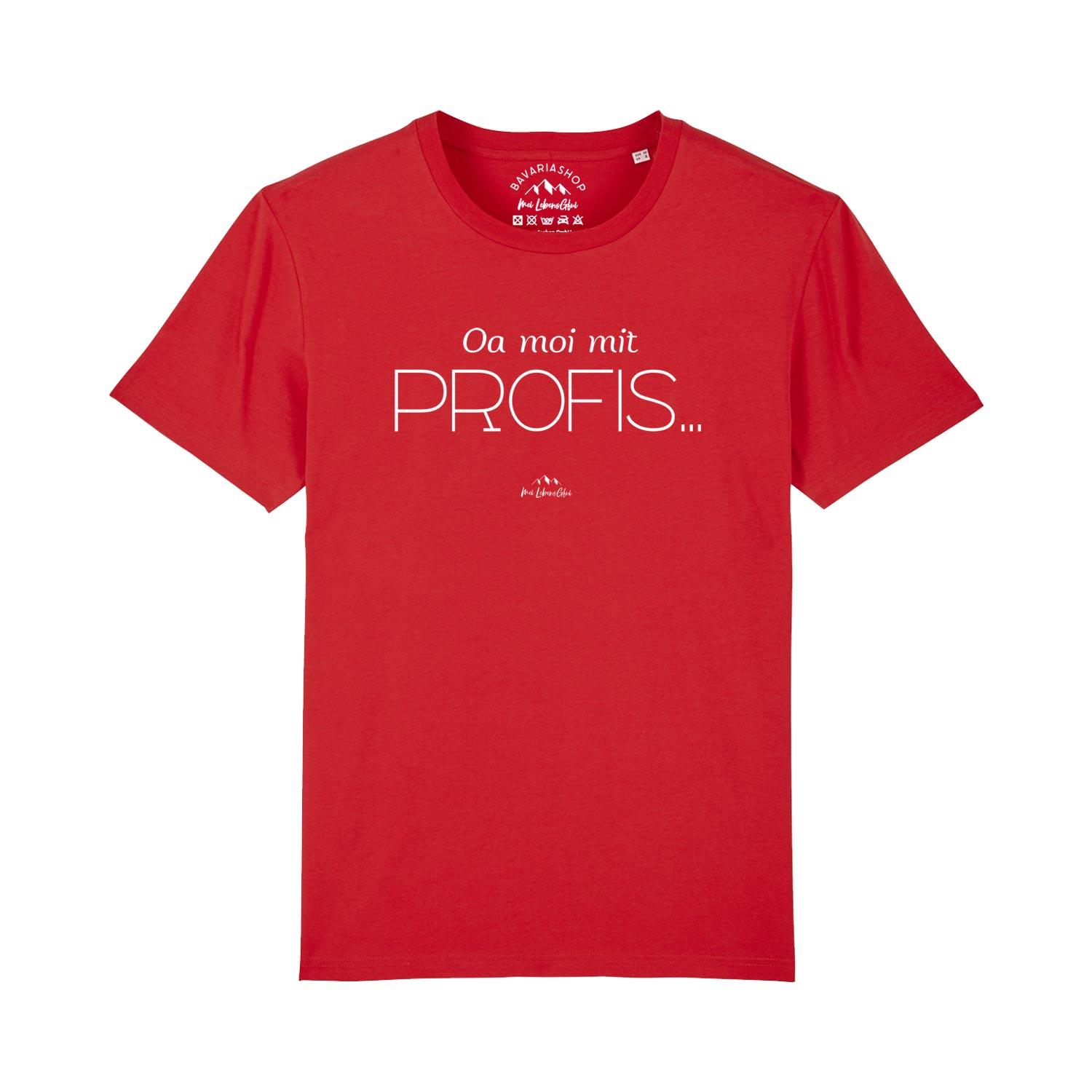 Herren T-Shirt mit bayerischem Schriftzug „Oa moi mit Profis!“, Rundhalsausschnitt, aus 100 % Bio-Baumwolle.
