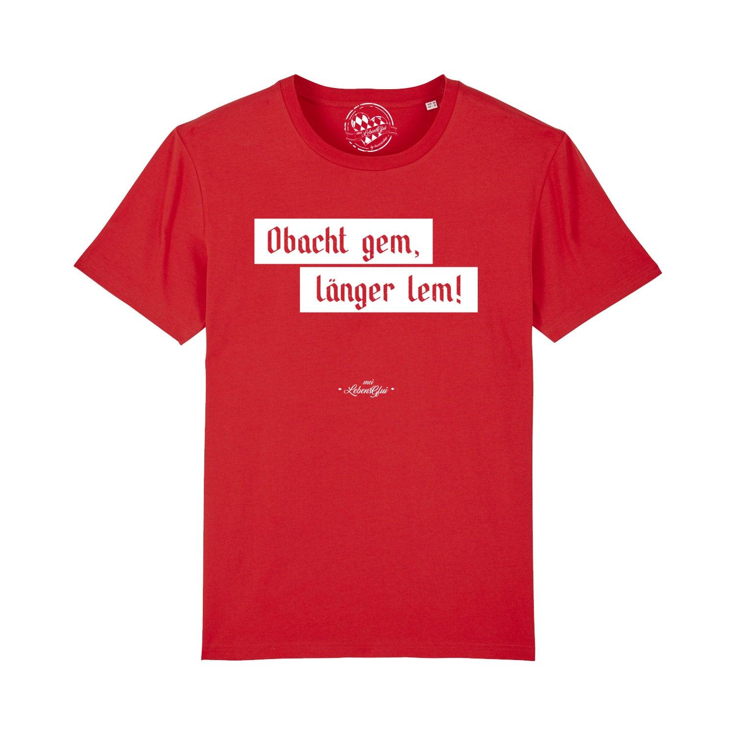 Herren-T-Shirt mit bayerischem Schriftzug „Obacht gem...“, kurzärmelig, aus Bio-Baumwolle mit Digitaldruck.