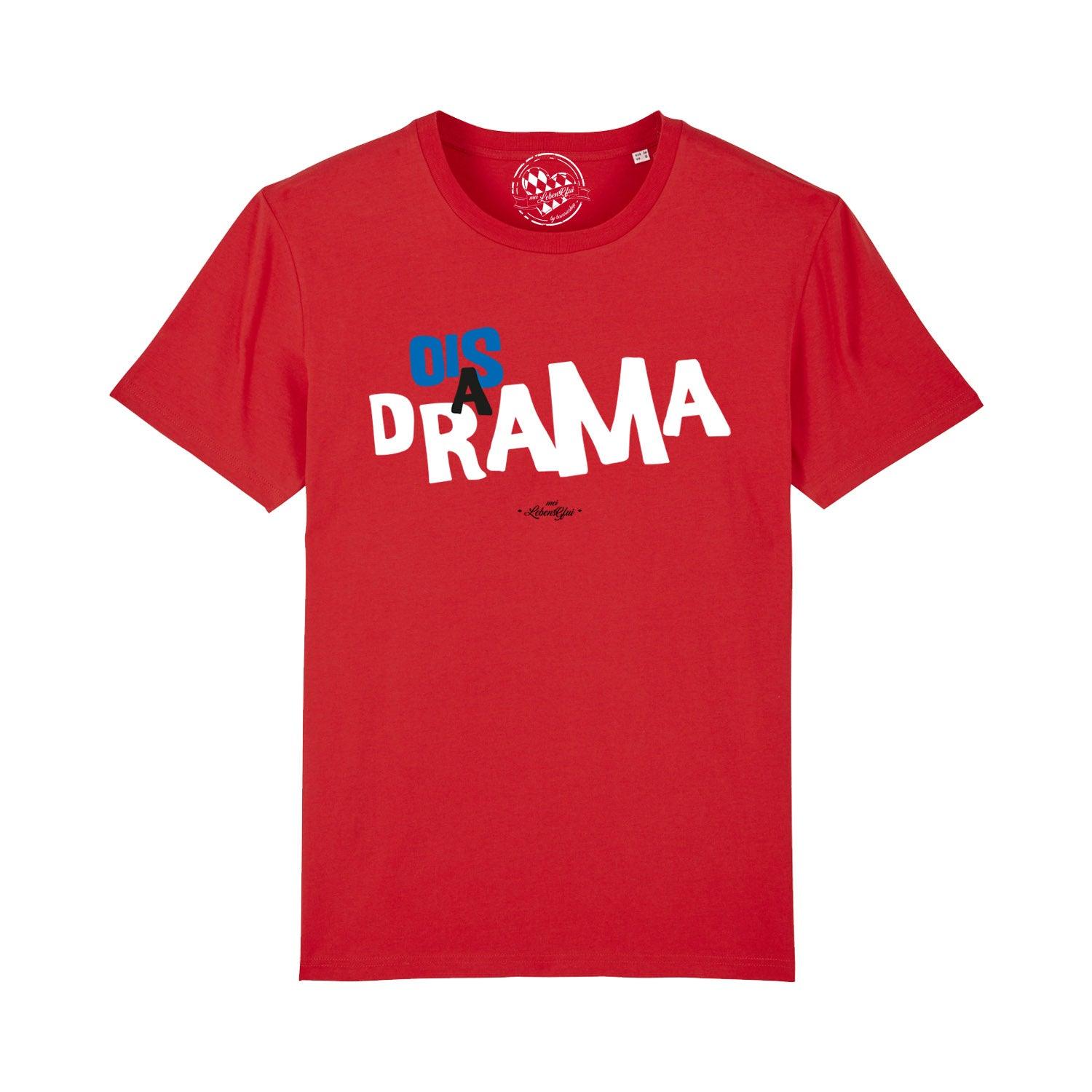 Schwarzes Herren-T-Shirt mit weißem Frontprint „Ois a Drama“, klassische Passform, 100 % Bio-Baumwolle.
