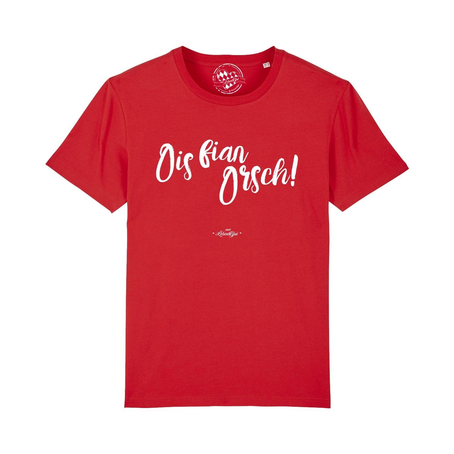Herren T-Shirt mit großem Schriftzug „Ois fian Orsch“ auf der Brust, aus 100 % Bio-Baumwolle, feine Stoffstruktur.