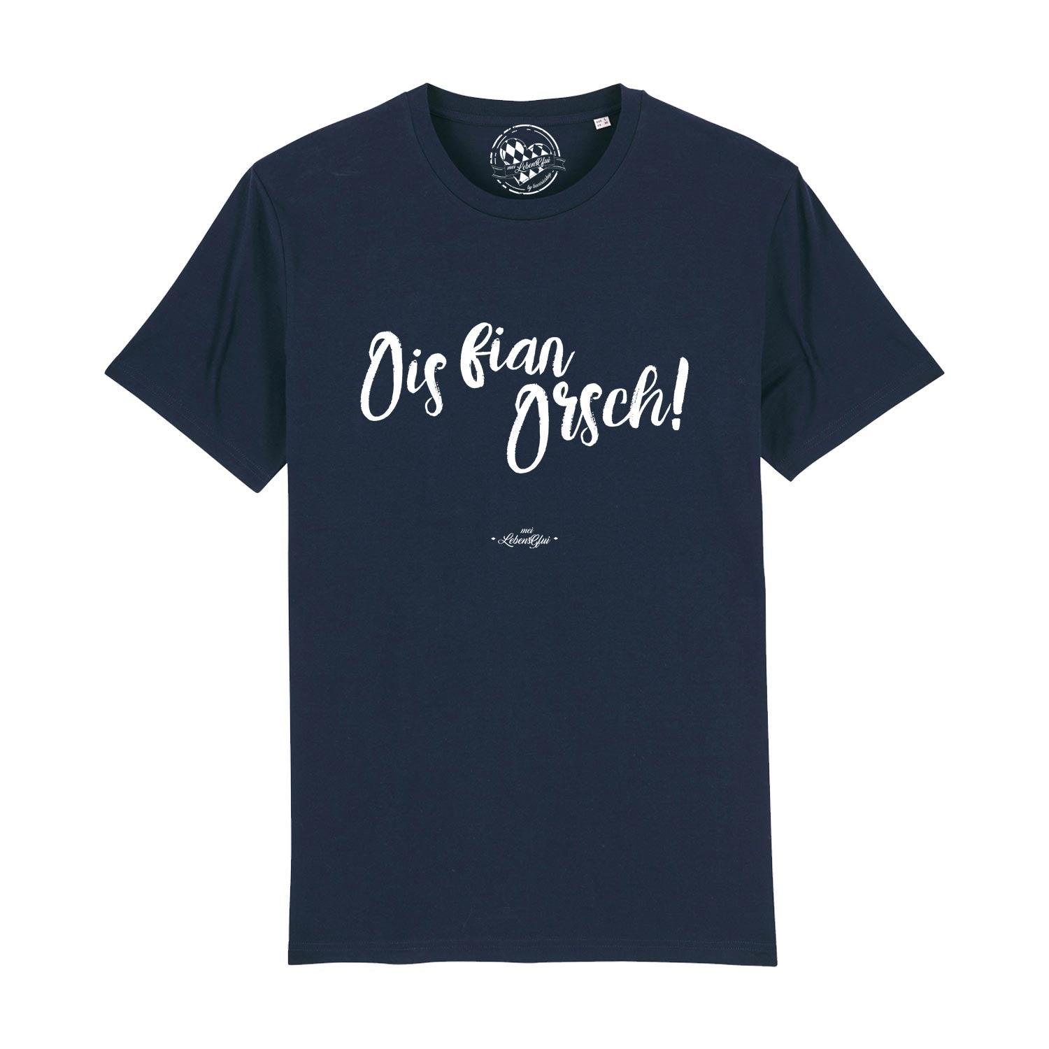 Herren T-Shirt mit großem Front-Print „Ois fian Orsch“, Rundhalsausschnitt, aus 100 % Bio-Baumwolle.