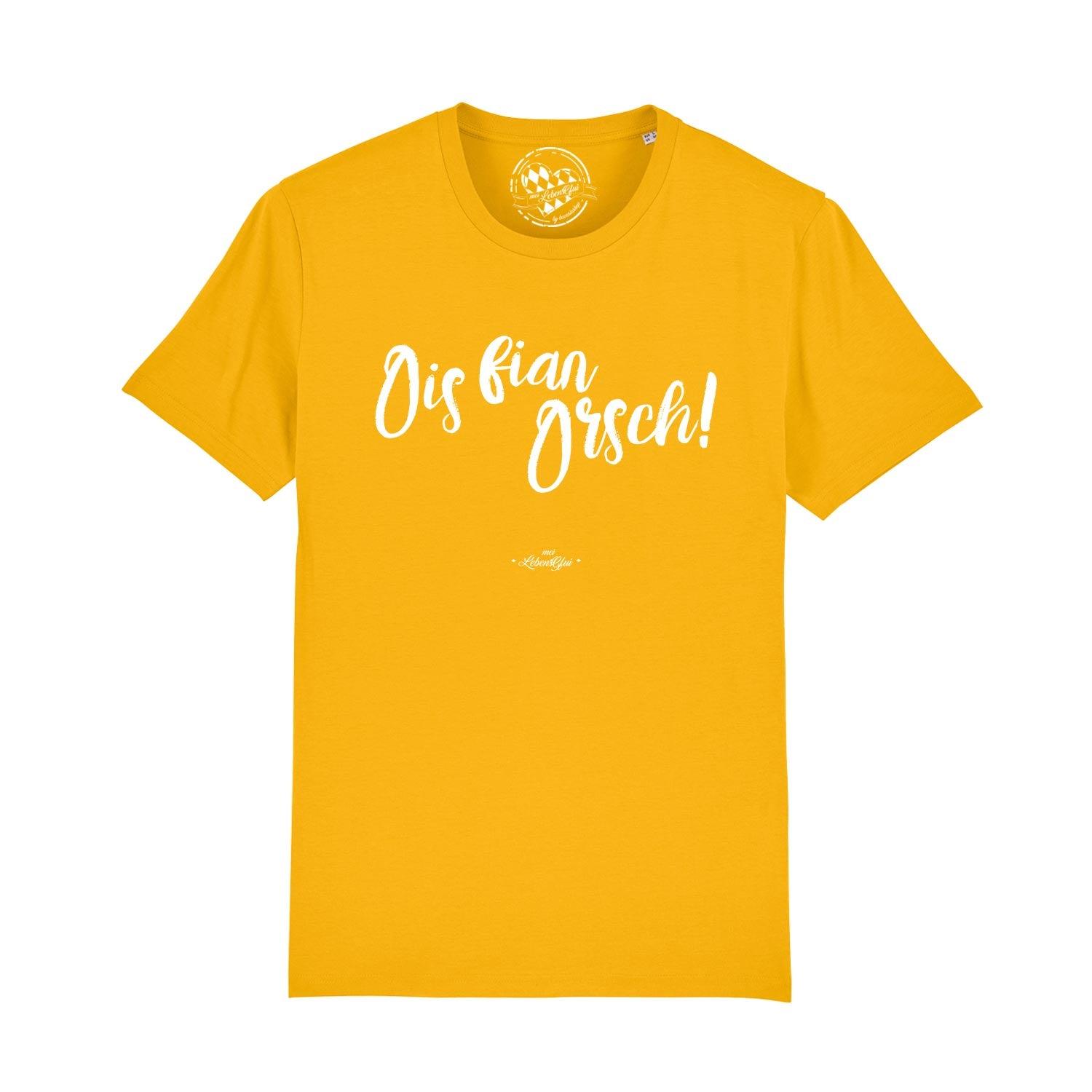 Herren T-Shirt mit großem Frontprint „Ois fian Orsch“, Rundhalsausschnitt, aus 100 % Bio-Baumwolle, Grammatur 180 g/m².