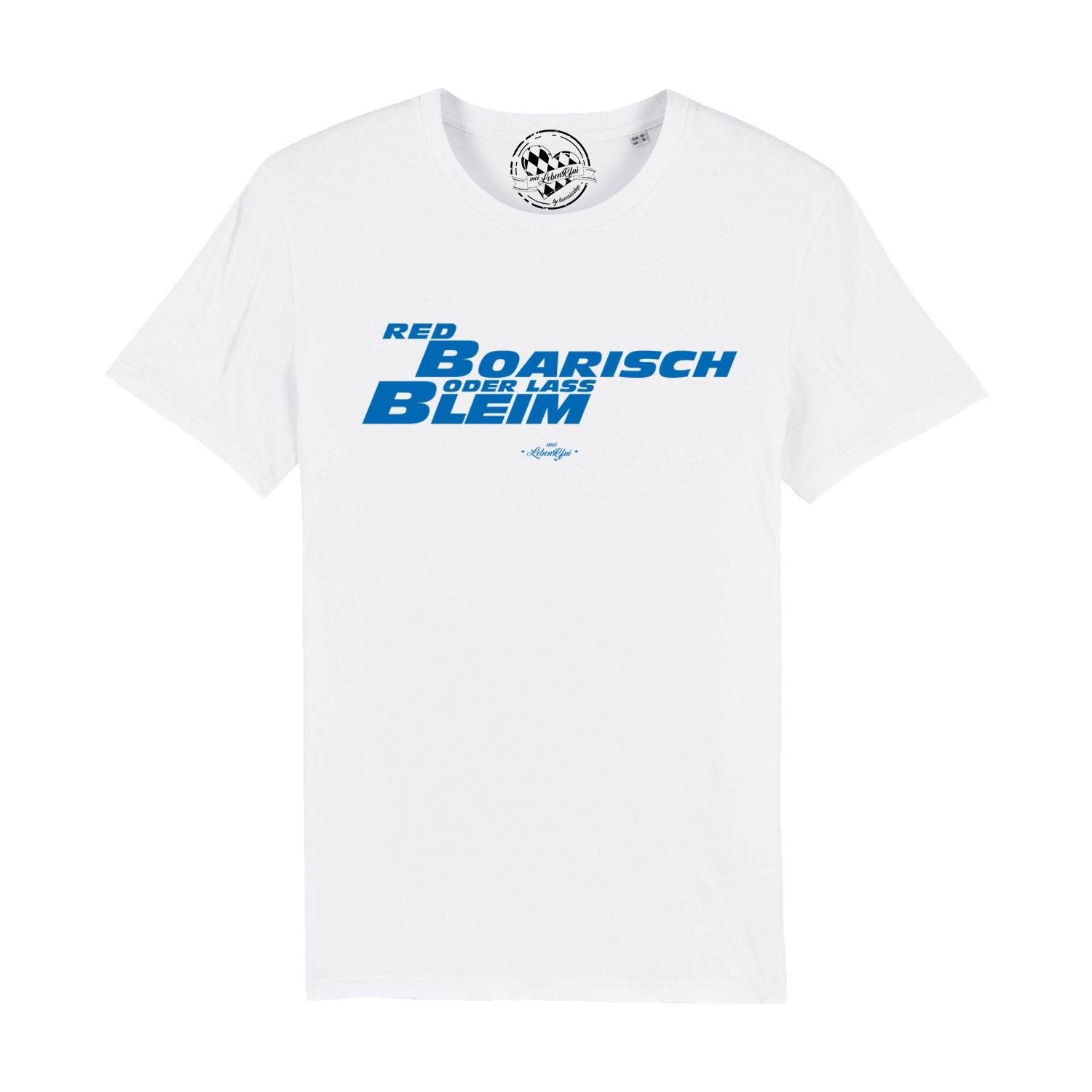 Rotes Herren-T-Shirt mit weißem Schriftzug „boarisch“, Rundhalsausschnitt, gerade Passform, Bio-Baumwolle.
