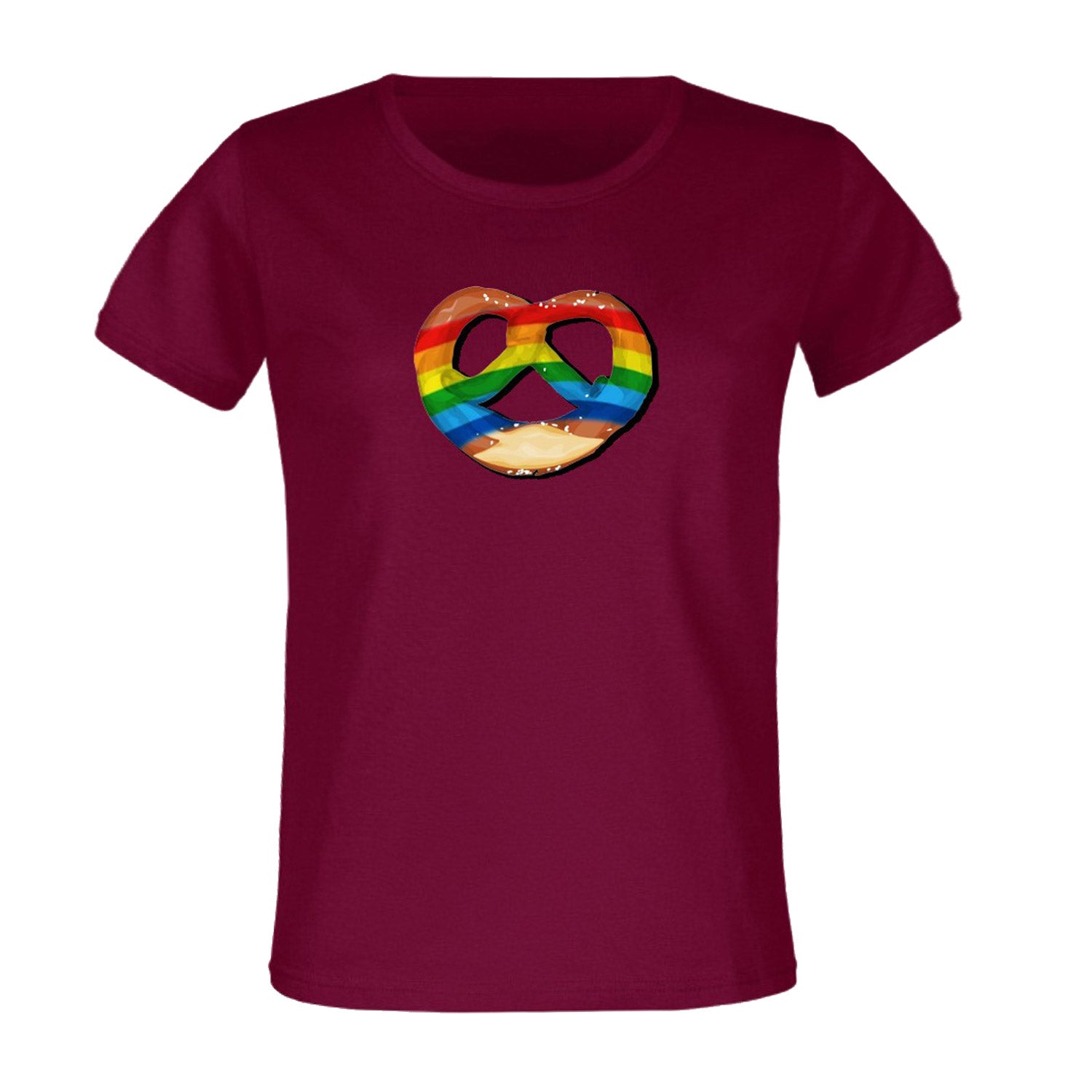 Weinrotes Herren-T-Shirt mit buntem Brezen-Motiv und Regenbogen-Aufdruck, Statement für Toleranz.