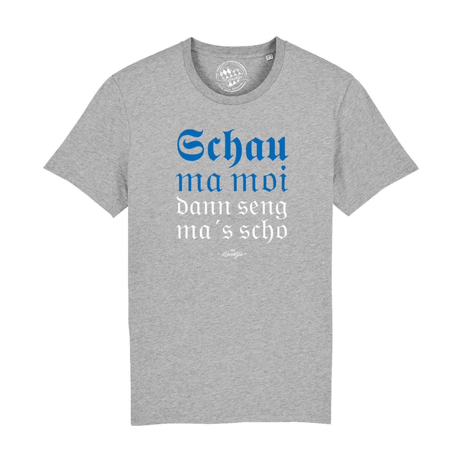 Schwarzes Herren-T-Shirt mit weißem Schriftzug „Schau ma moi“, Rundhalsausschnitt, aus 100 % Bio-Baumwolle.