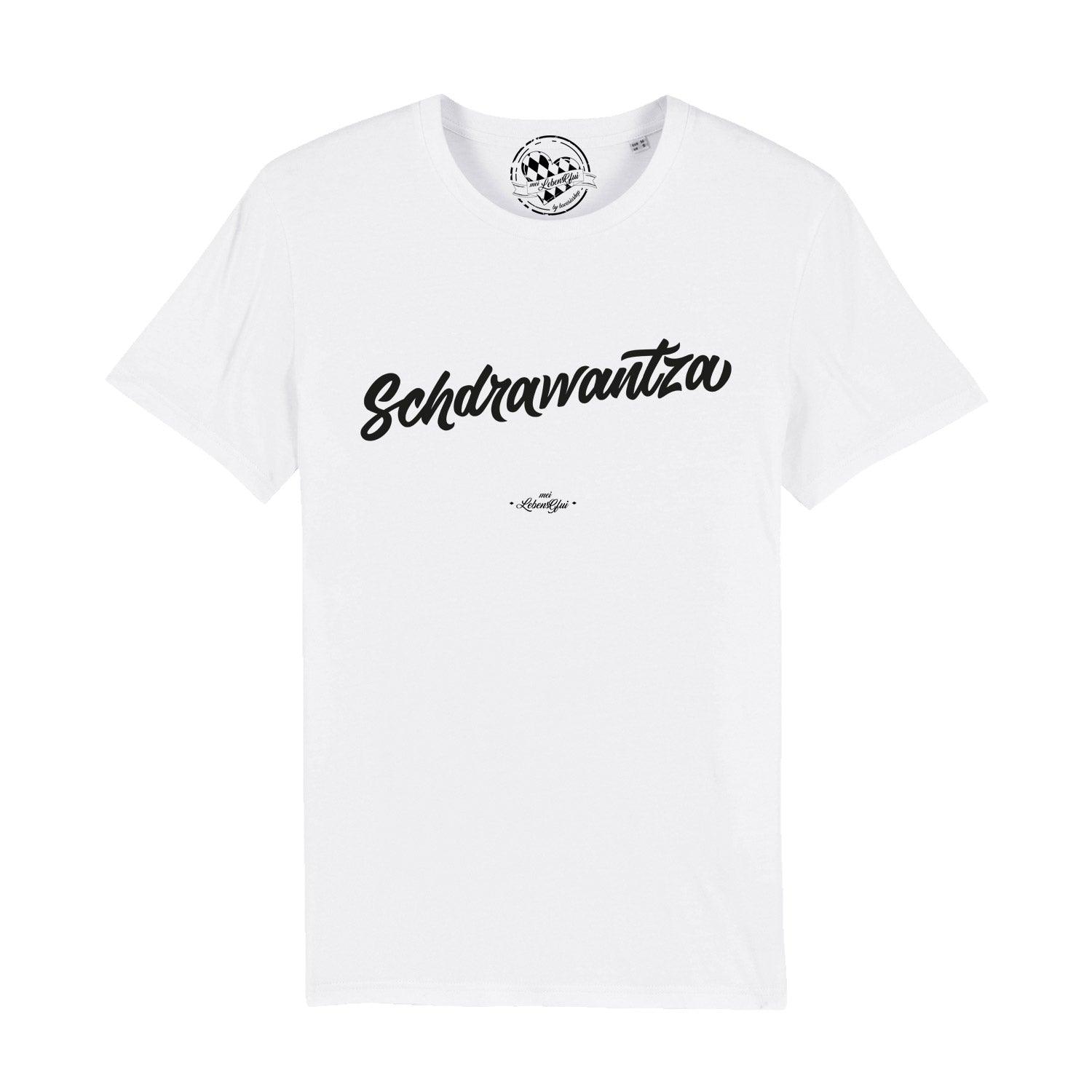Bordeauxrotes Herren-T-Shirt mit weißem Schriftzug „Schdrawantza“, rundhals, aus 100 % Bio-Baumwolle.