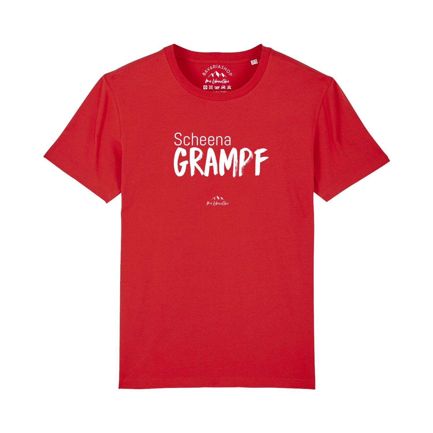 Herren T-Shirt mit bayerischem Schriftzug „Scheena Grampf“, Rundhalsausschnitt, aus 100 % Bio-Baumwolle.