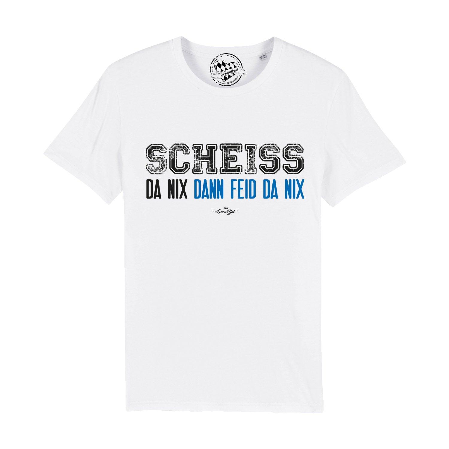 Schwarzes Herren-T-Shirt mit weißem Frontprint „Scheiß da nix“, Rundhalsausschnitt, 100 % Bio-Baumwolle.