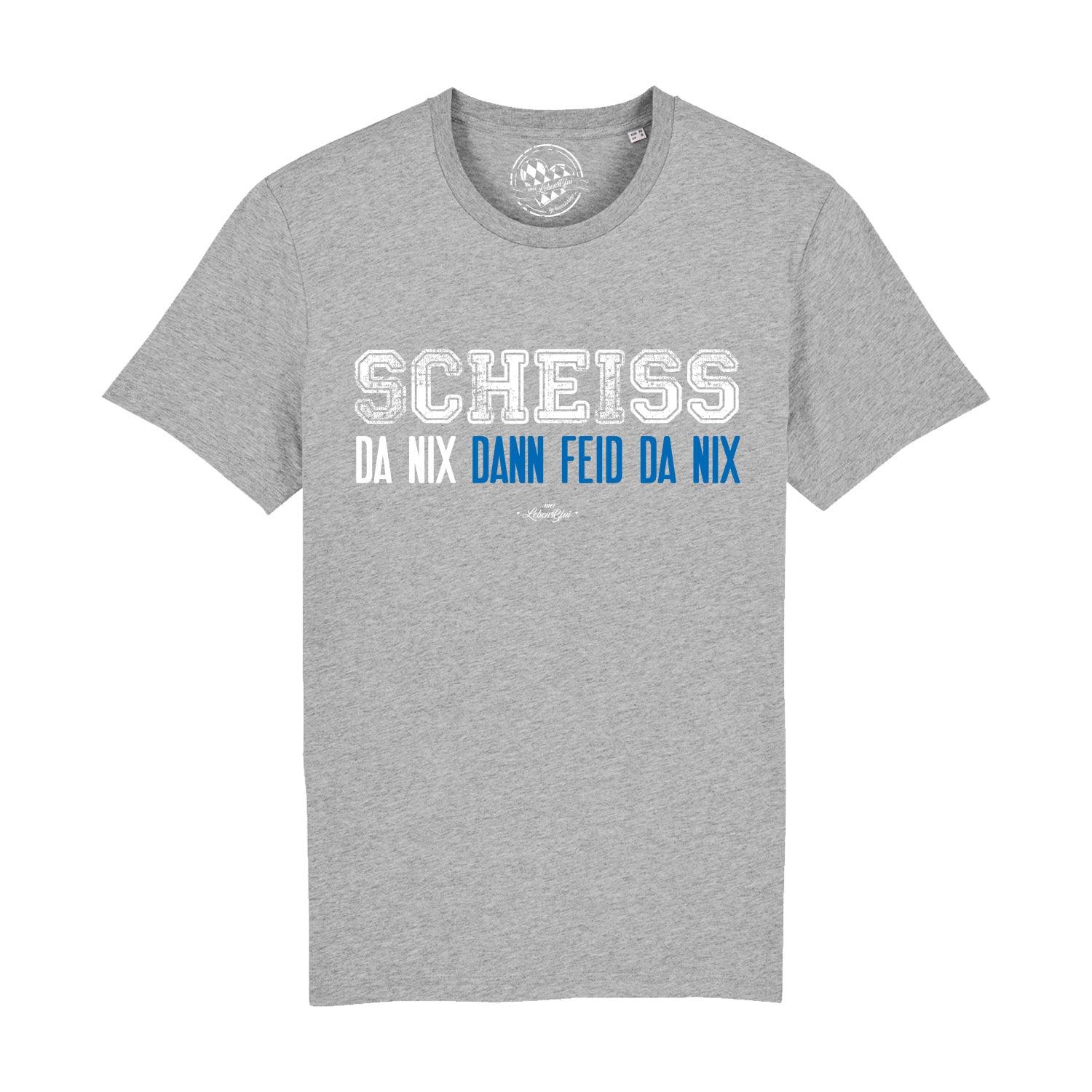 Schwarzes Herren-T-Shirt mit weißem Aufdruck „Scheiß da nix“, gerade Form, 100 % Bio-Baumwolle, Digitaldruck.