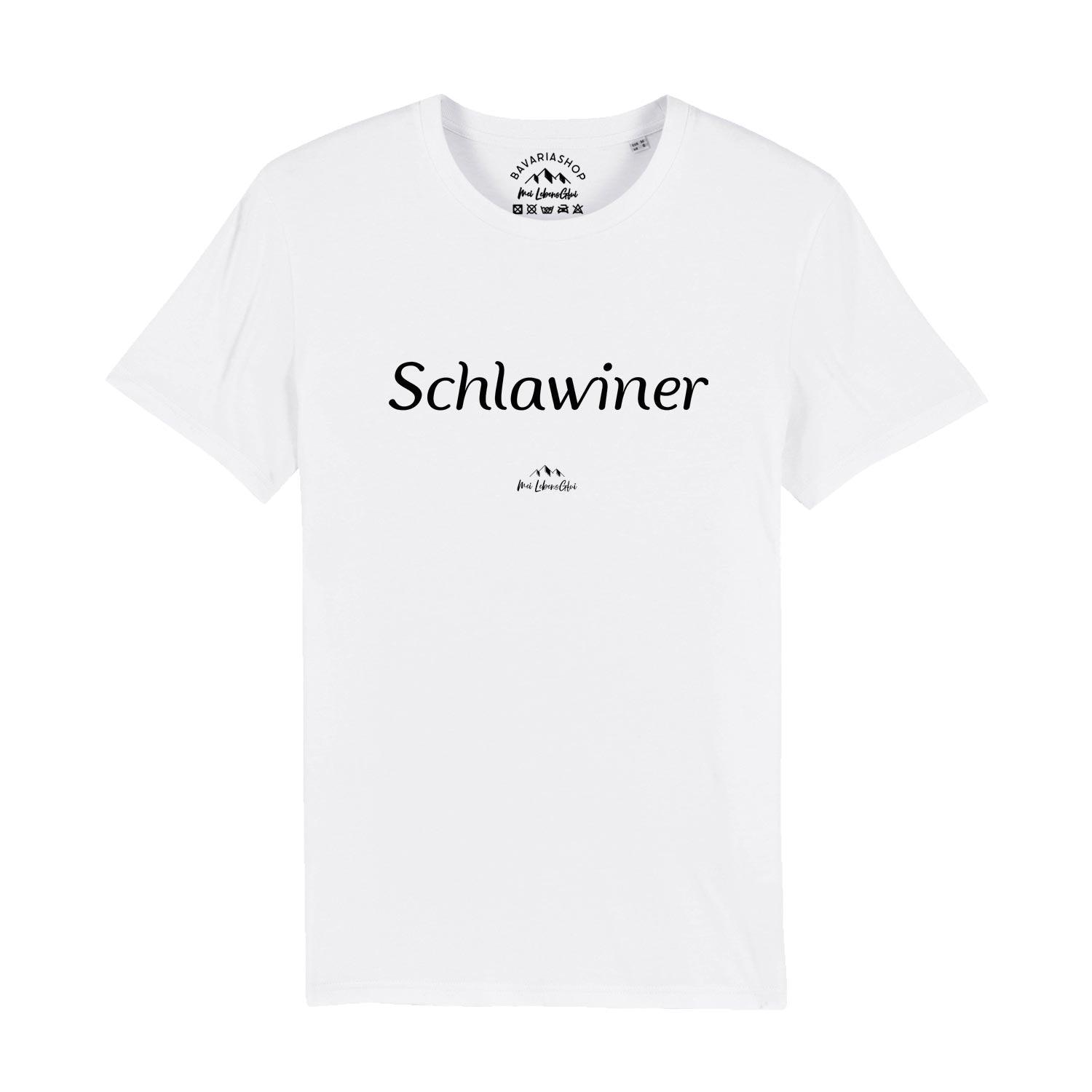Herren T-Shirt mit "Schlawiner"-Schriftzug auf der Brust, Rundhalsausschnitt, aus 100 % Bio-Baumwolle.