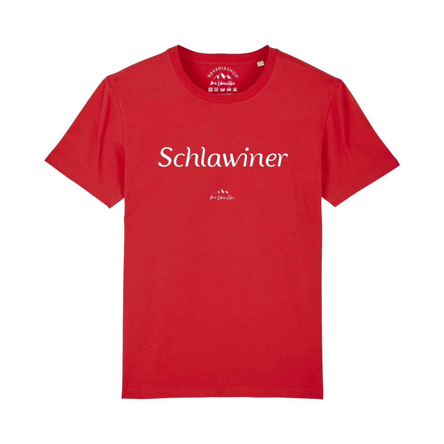 Herren T-Shirt mit „Schlawiner“-Schriftzug, Rundhals, glatt gewebt, kurzärmelig, aus 100 % Bio-Baumwolle.