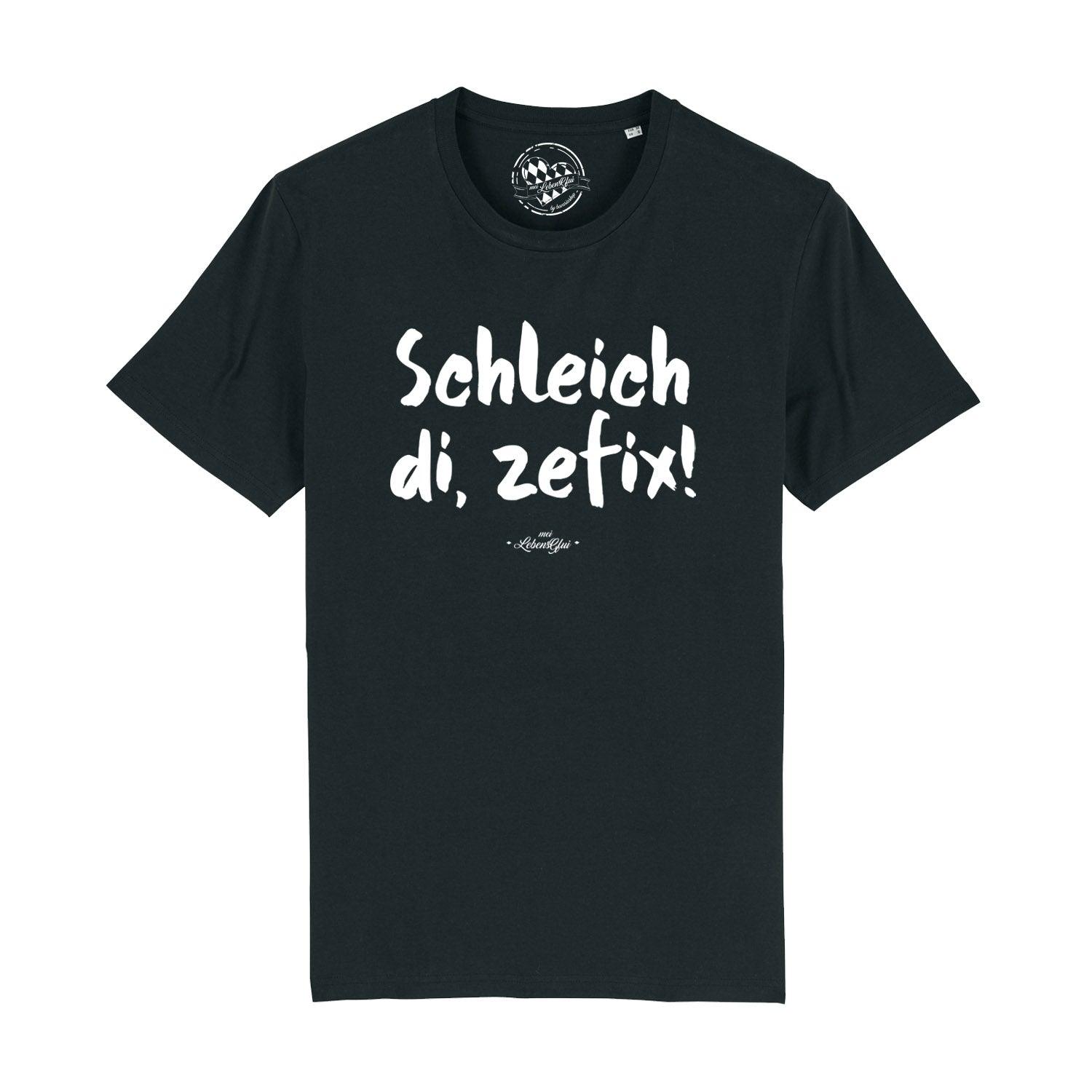 Dunkelblaues Herren-T-Shirt mit weißem Frontdruck „Schleich di, zefix!“, aus 100 % Bio-Baumwolle.